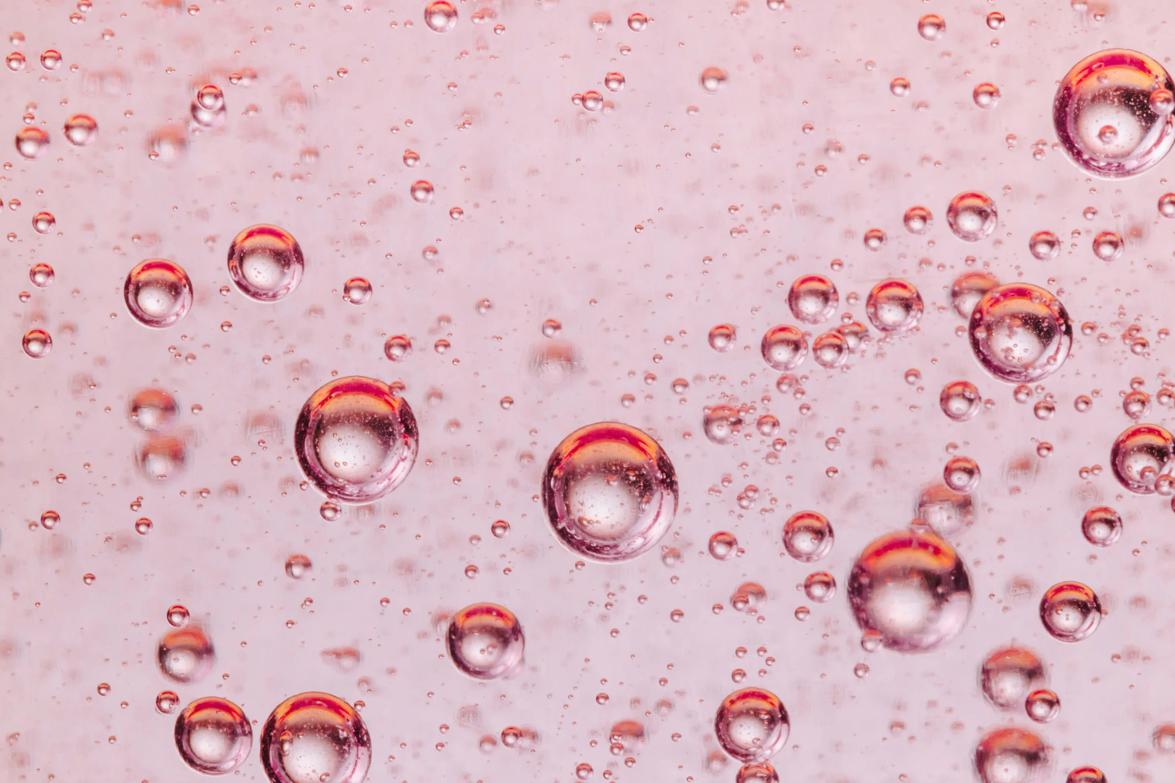Close-up of pink sparkling bubbles suspended in liquid.