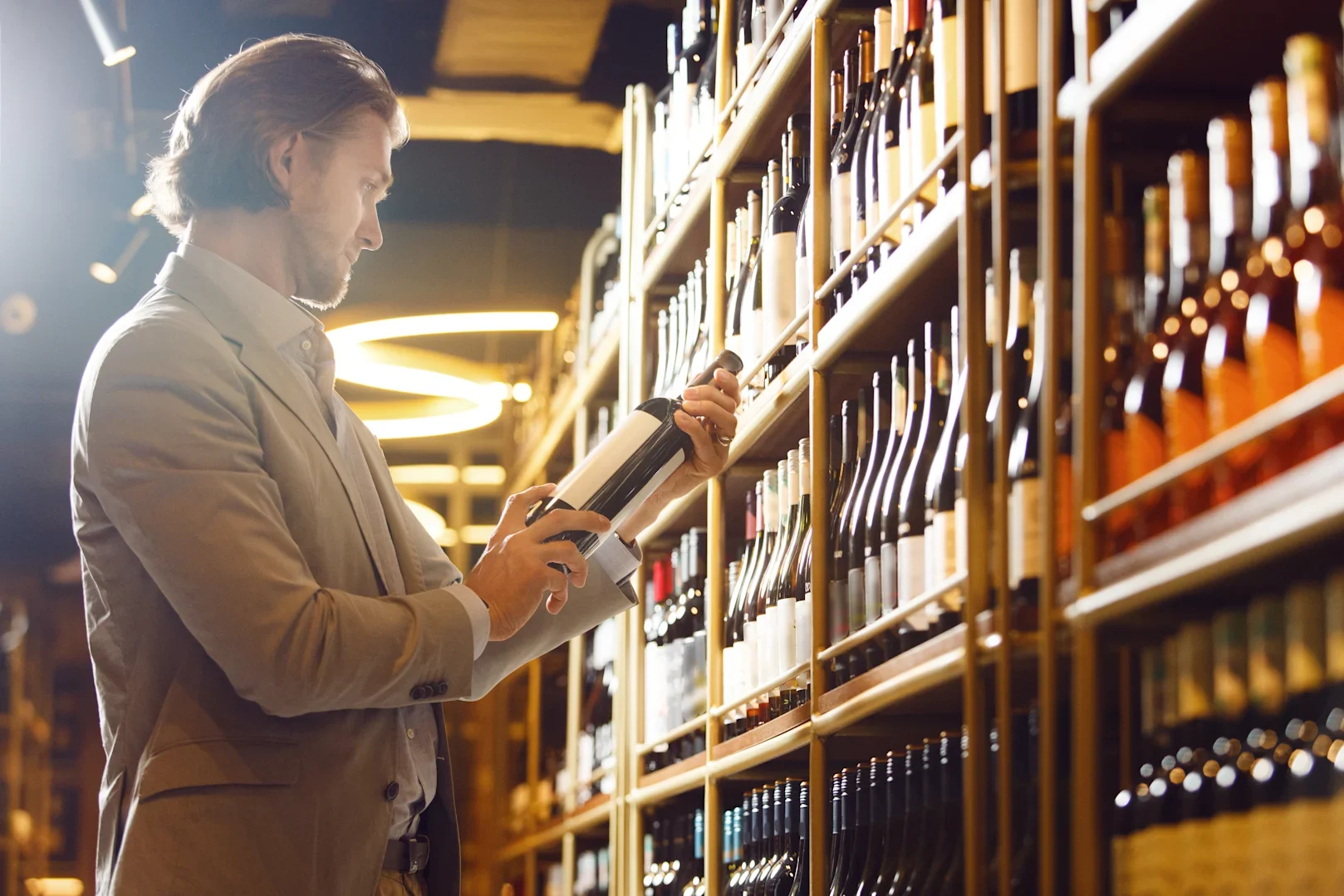 Person selecting a bottle of red wine from shelves in a well‑lit wine shop.