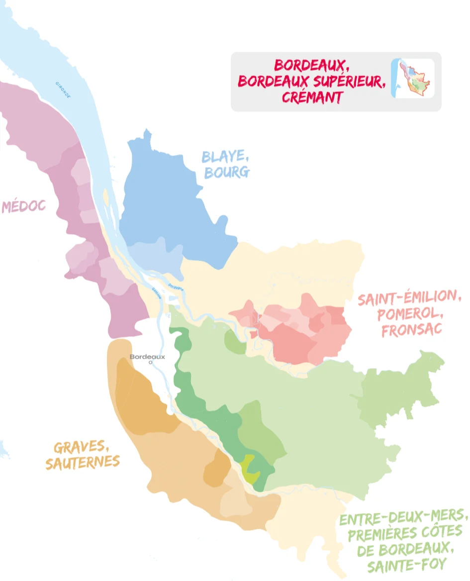 Map of Bordeaux wine regions showing key areas including Médoc, Graves, Saint-Émilion, Entre-Deux-Mers and Blaye.