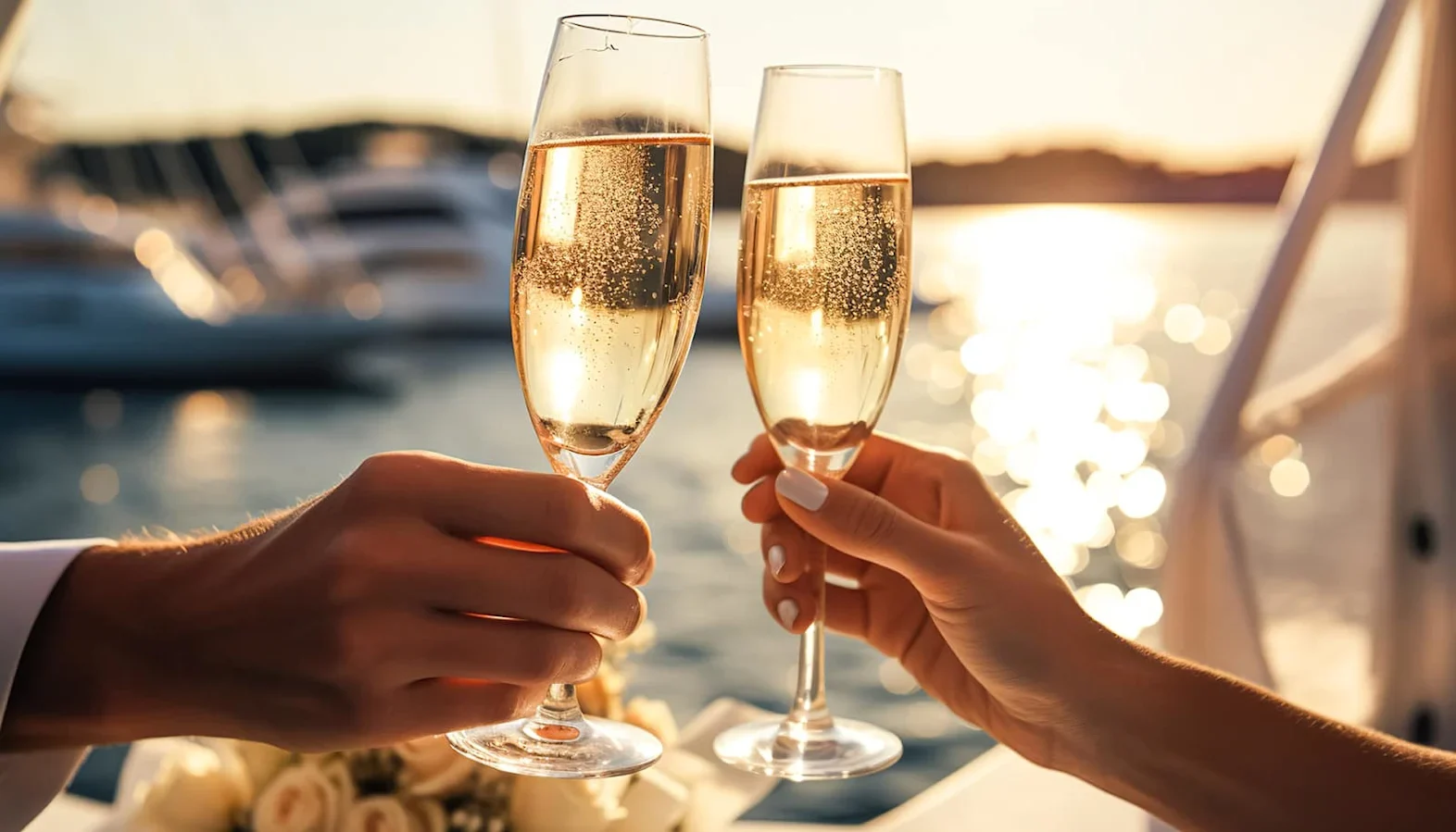 Two hands clinking champagne flutes filled with sparkling wine on a boat at sunset, with water and yachts blurred in the background.