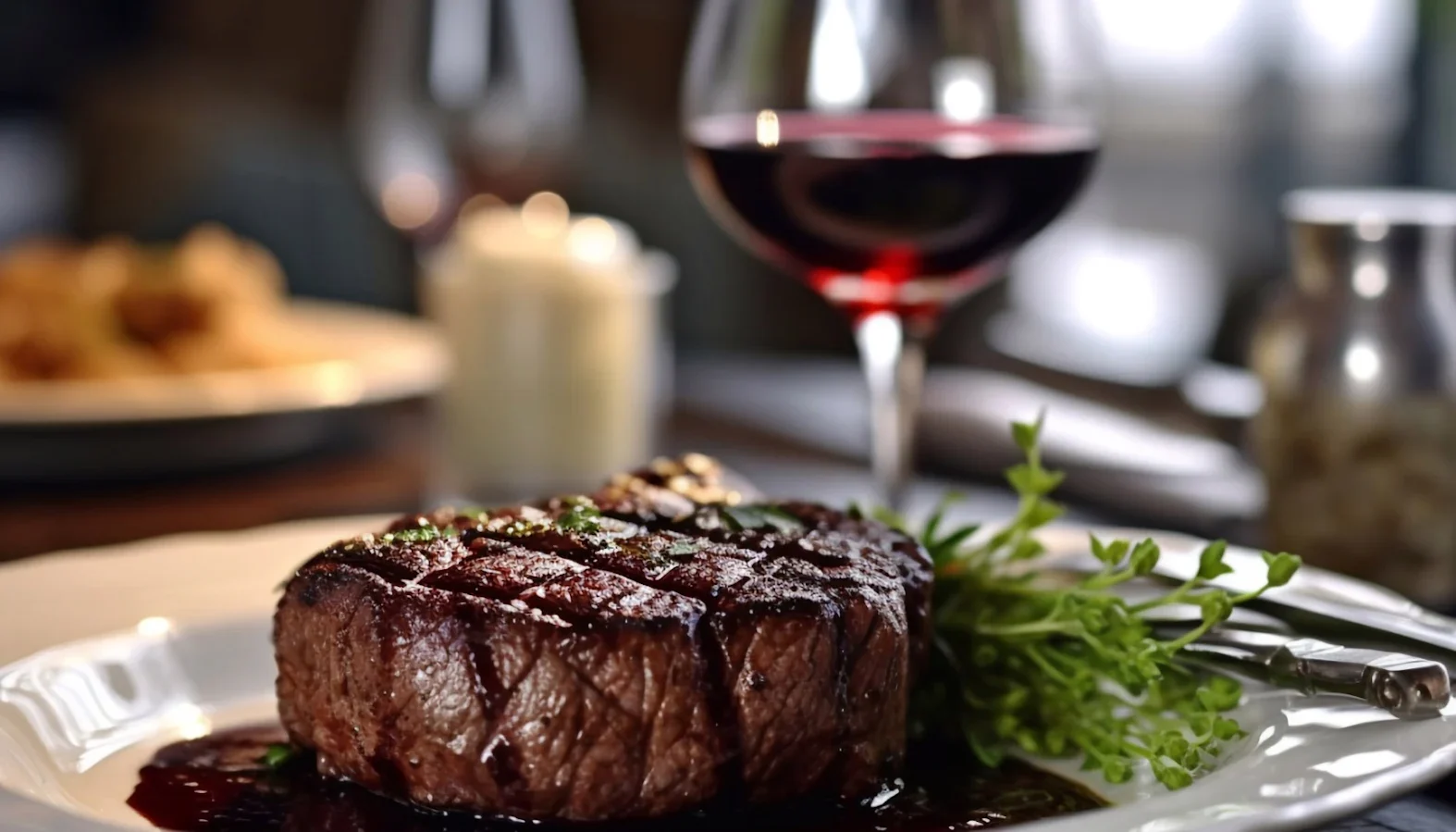 Glass of red wine beside a plated steak with herbs and sauce in warm restaurant lighting.vv