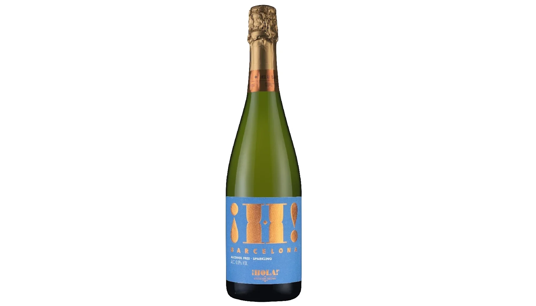 A green wine bottle with the blue wine label showing !H! logo in a bronze foil. It then detail the full name of the product as  H! Barcelona alcohol-free sparkling wine.