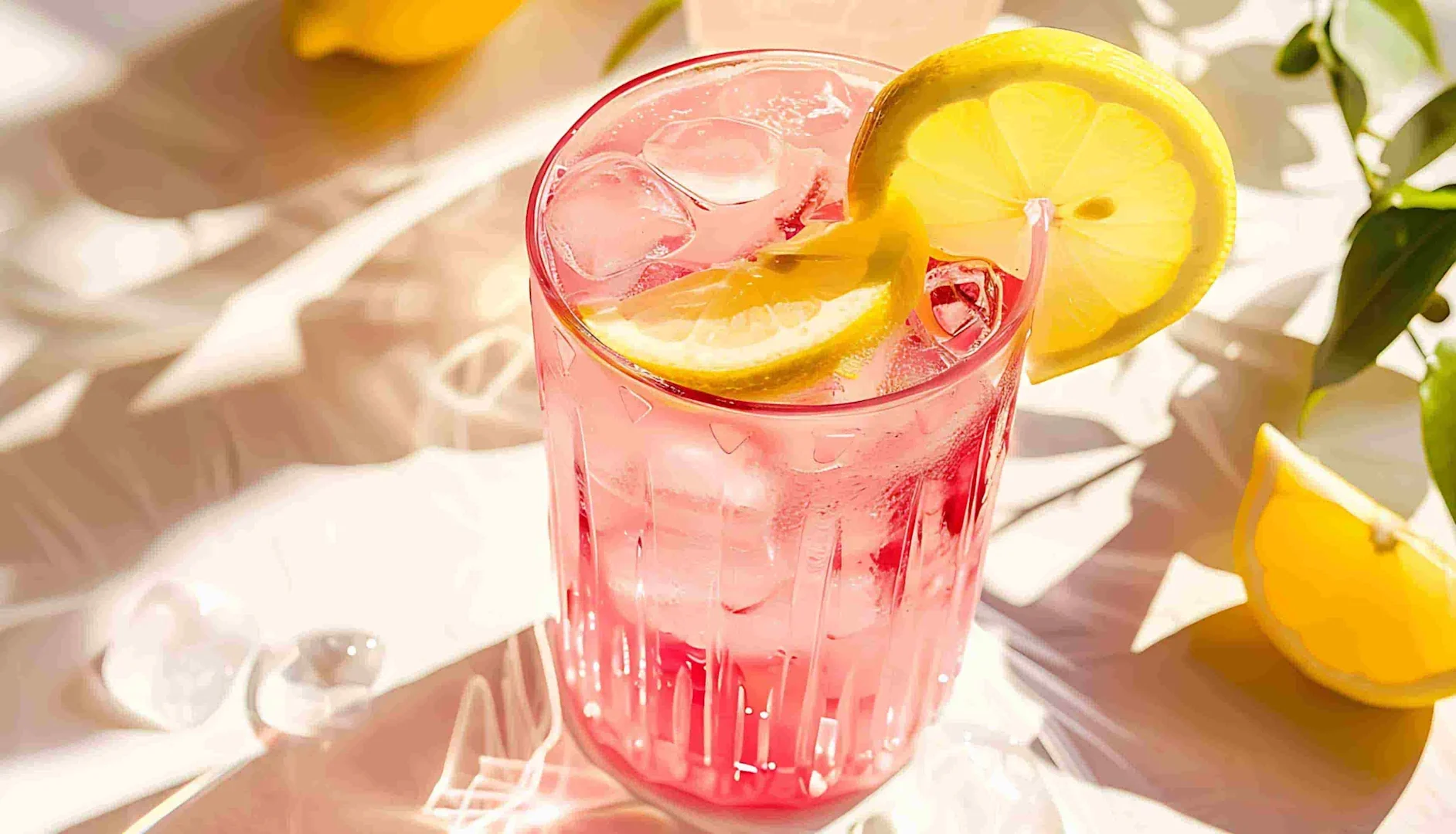 Pink rose lemonade drink in a ridged glass with ice and lemon slices on a bright surface with whole lemons in the background.
