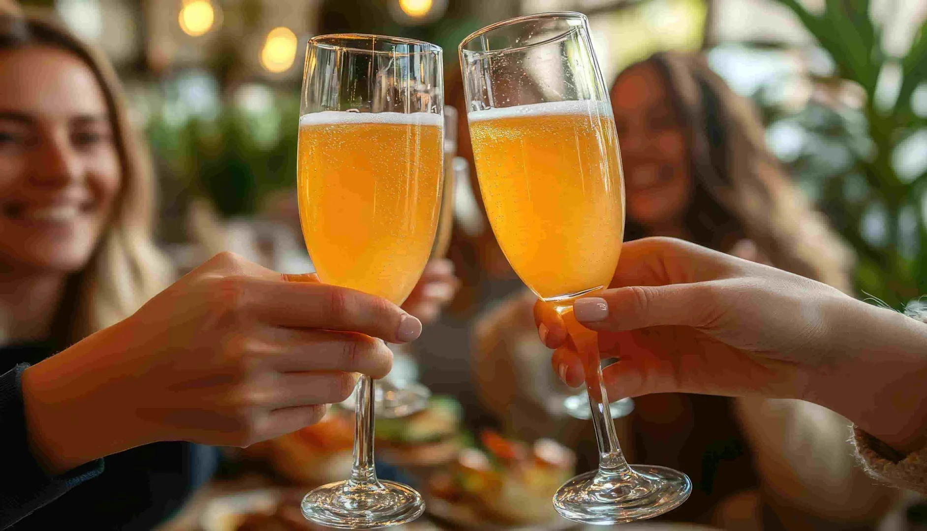 Two champagne flutes filled with orange mimosa mocktails being clinked together in a toast at a cozy indoor setting.