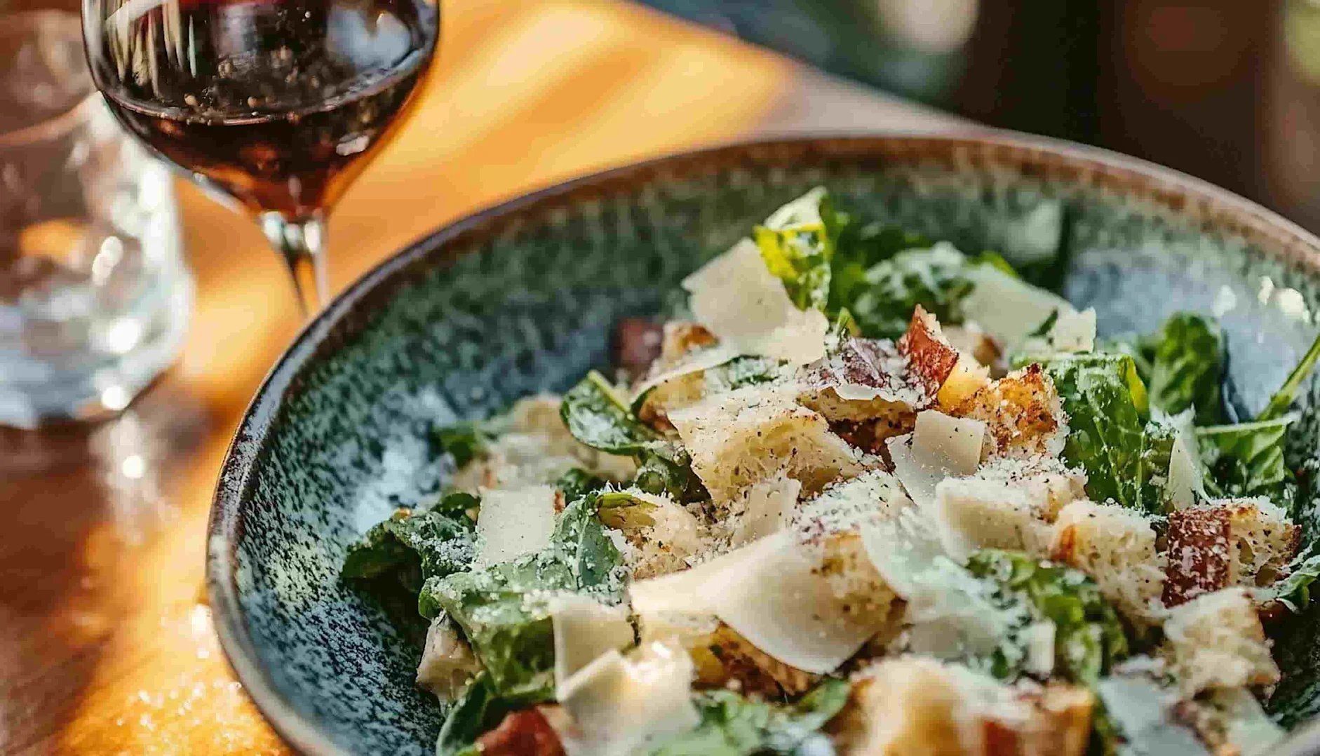 A Caesar salad in a green ceramic bowl topped with shaved Parmesan, croutons, and romaine lettuce, with a glass of red wine and a water glass on a wooden table in warm natural light.