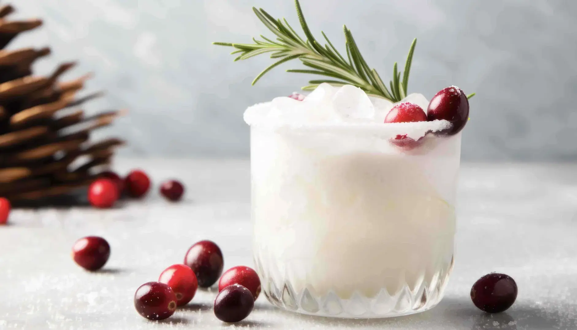 White Christmas Margarita cocktail with a sprig of rosemary and cranberries as garnish, set on a snowy landscape.