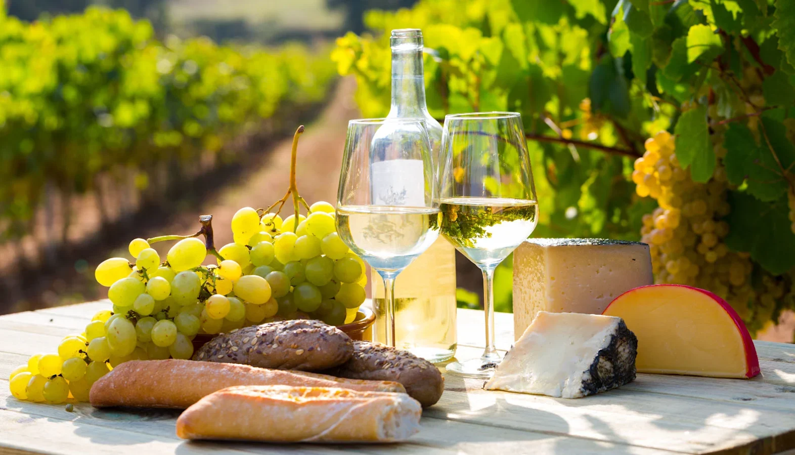 Table with white wine, glasses, grapes, bread, and assorted cheeses set beside vineyard vines.