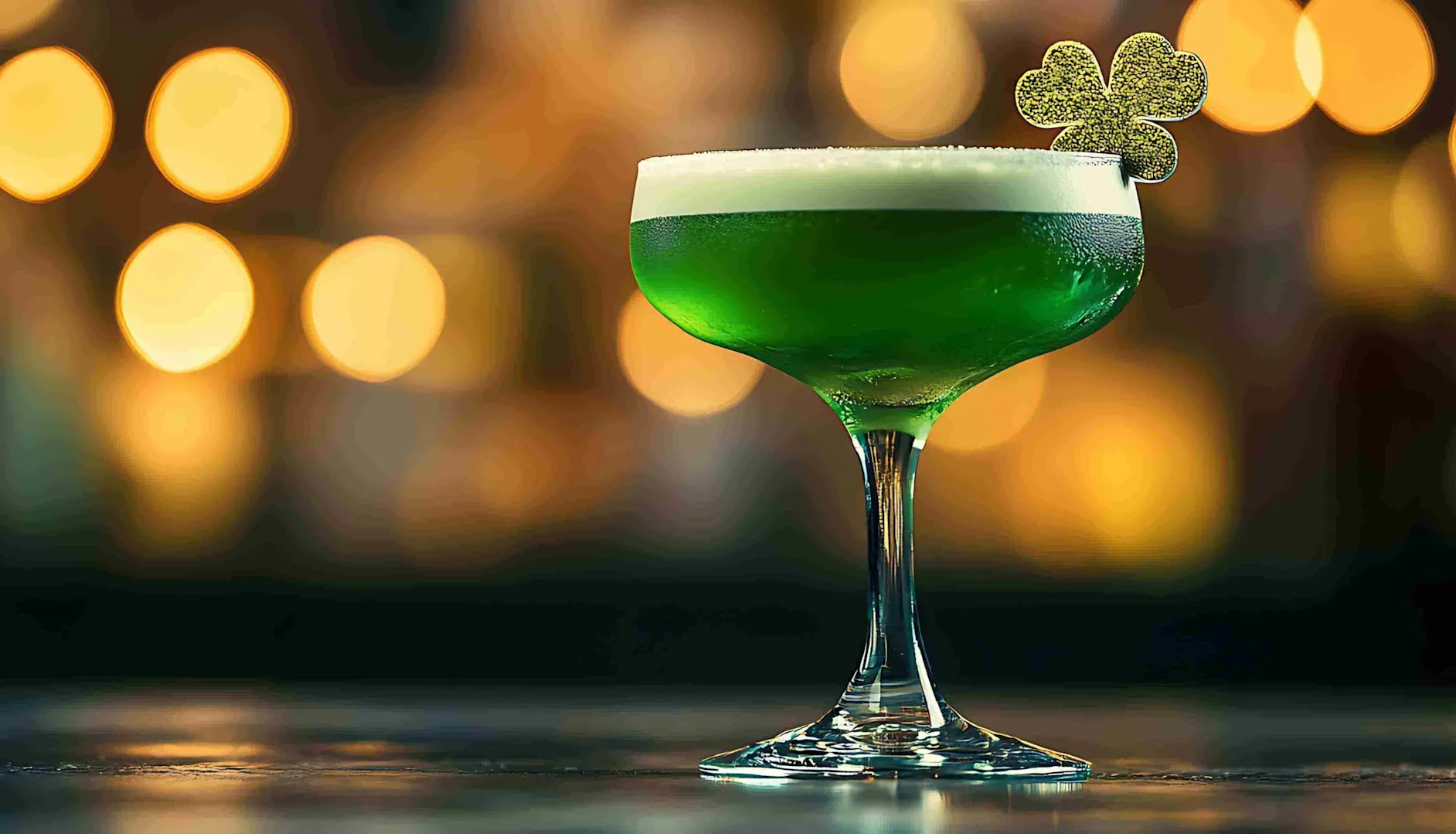 Green cocktail in a coupe glass with a foam top and a glitter shamrock garnish against warm lights.
