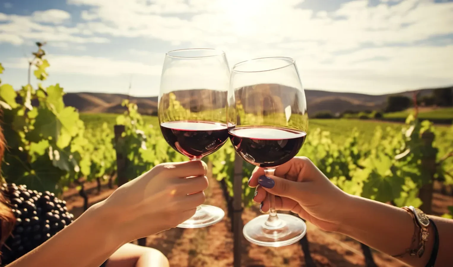 Two hands holding glasses of red wine and clinking them together in a sunlit vineyard.