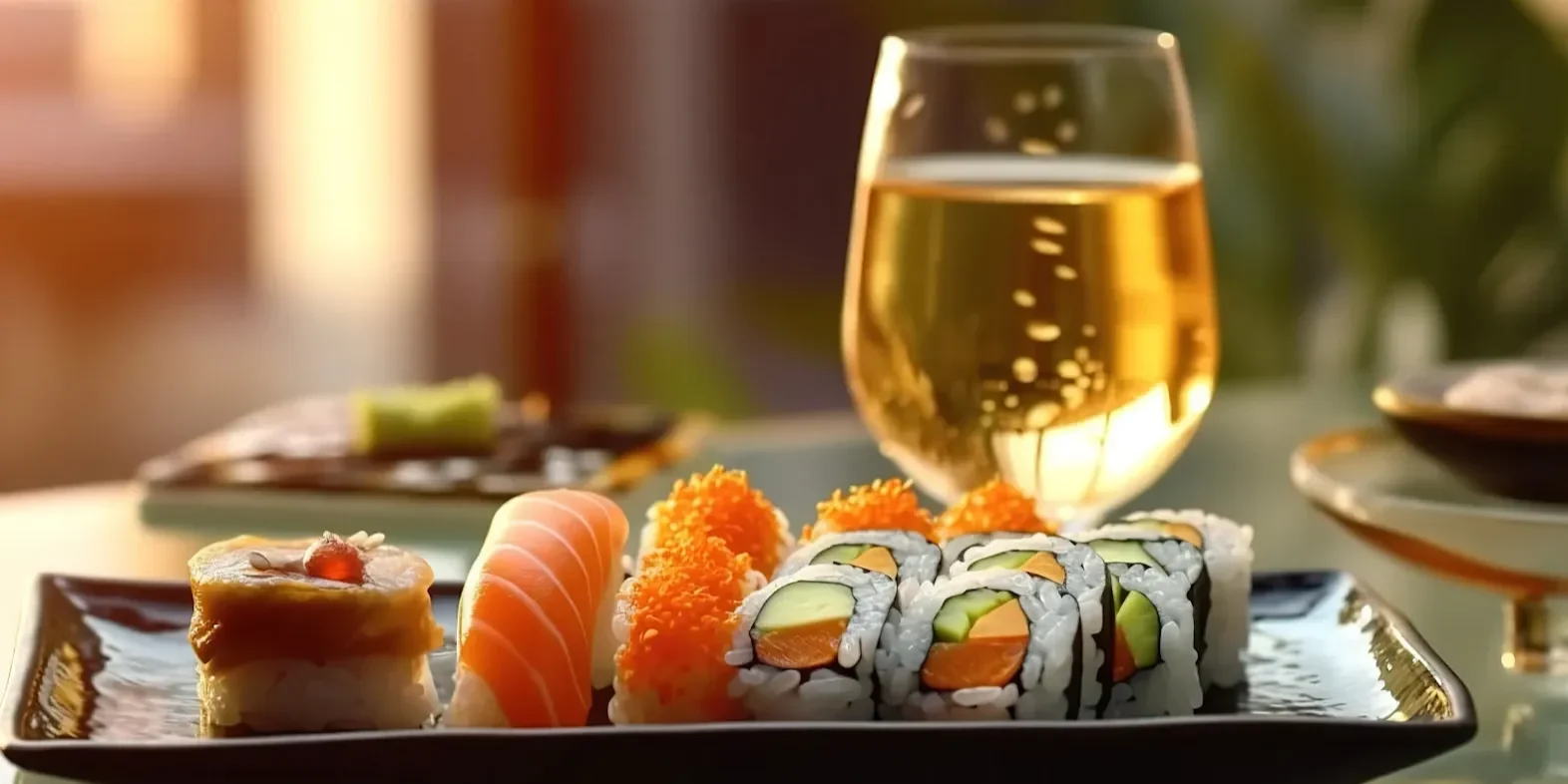 Assorted sushi pieces including salmon served on a plate with a glass of white wine.