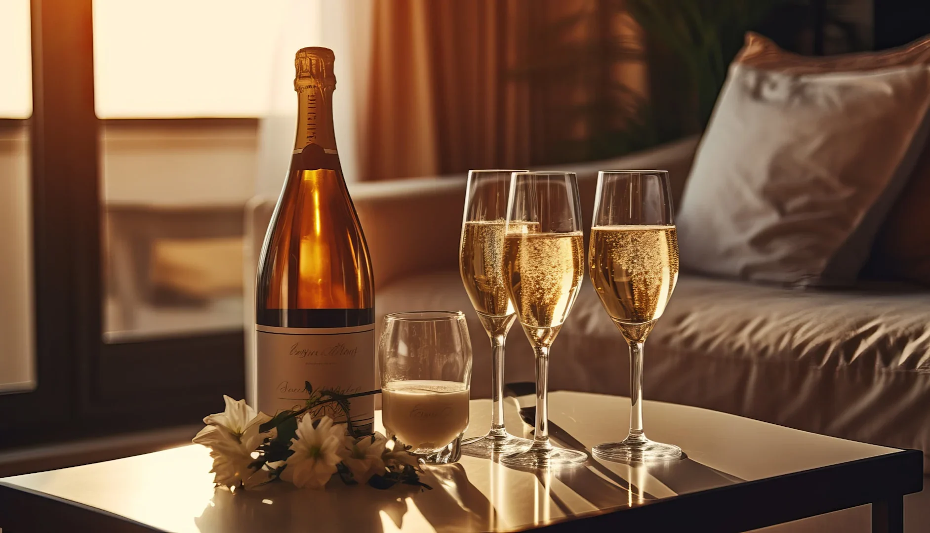Bottle of sparkling wine with three filled flutes on a table in warm indoor lighting with flowers beside them.