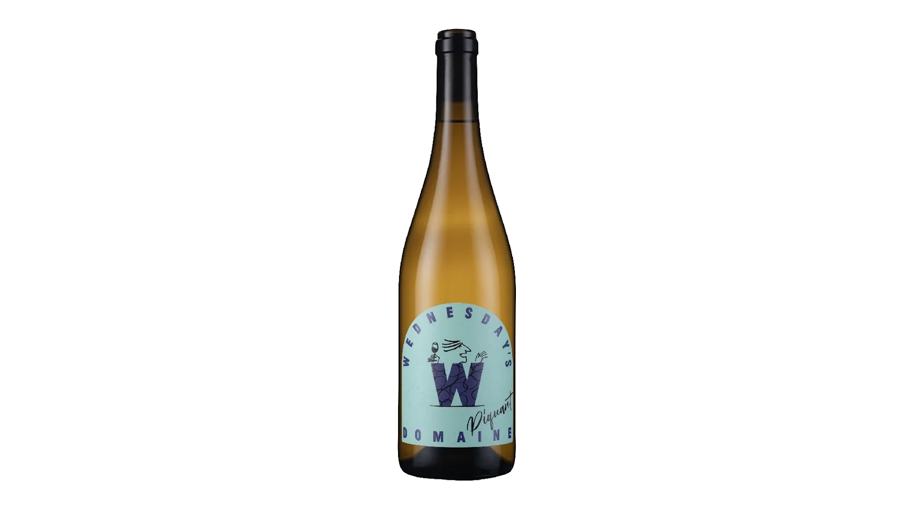 A bottle of Wednesday's Domaine Piquant Alcohol-Free White Wine, with a pale blue label depicting the logo of a purple 'W' in the centre.
