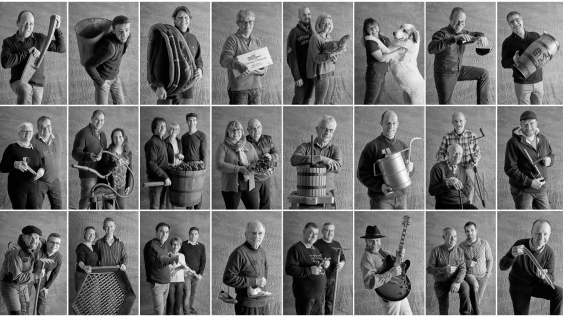 Black-and-white grid of winemakers, each photographed individually in different poses and expressions against a neutral background.