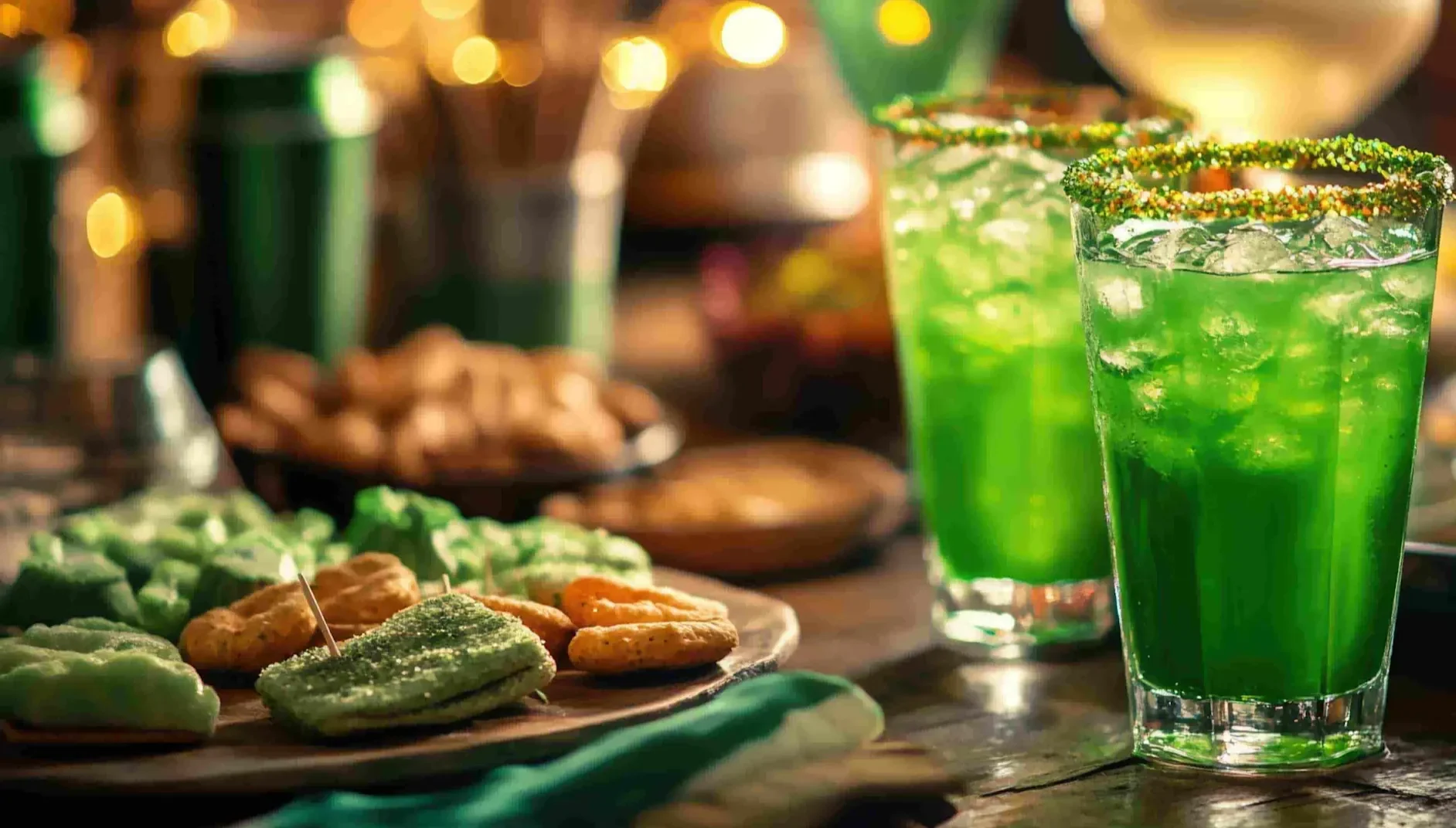 Two green punch cocktails with sugared rims on a table set with green cookies and snacks.