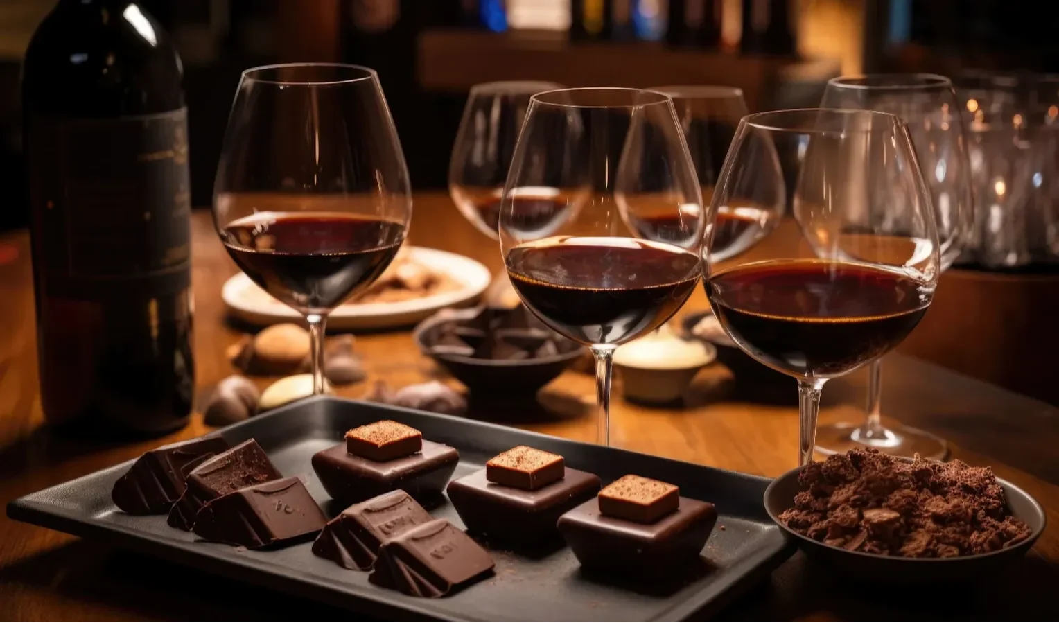 Glasses of red wine on a table with assorted dark chocolates arranged on plates in warm, ambient lighting.