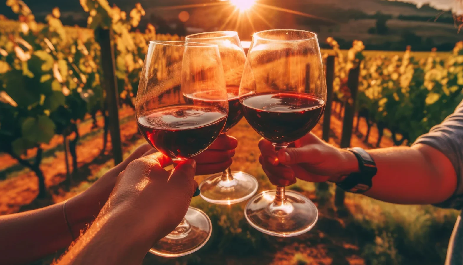 Group clinking glasses of red wine in a vineyard at sunset.