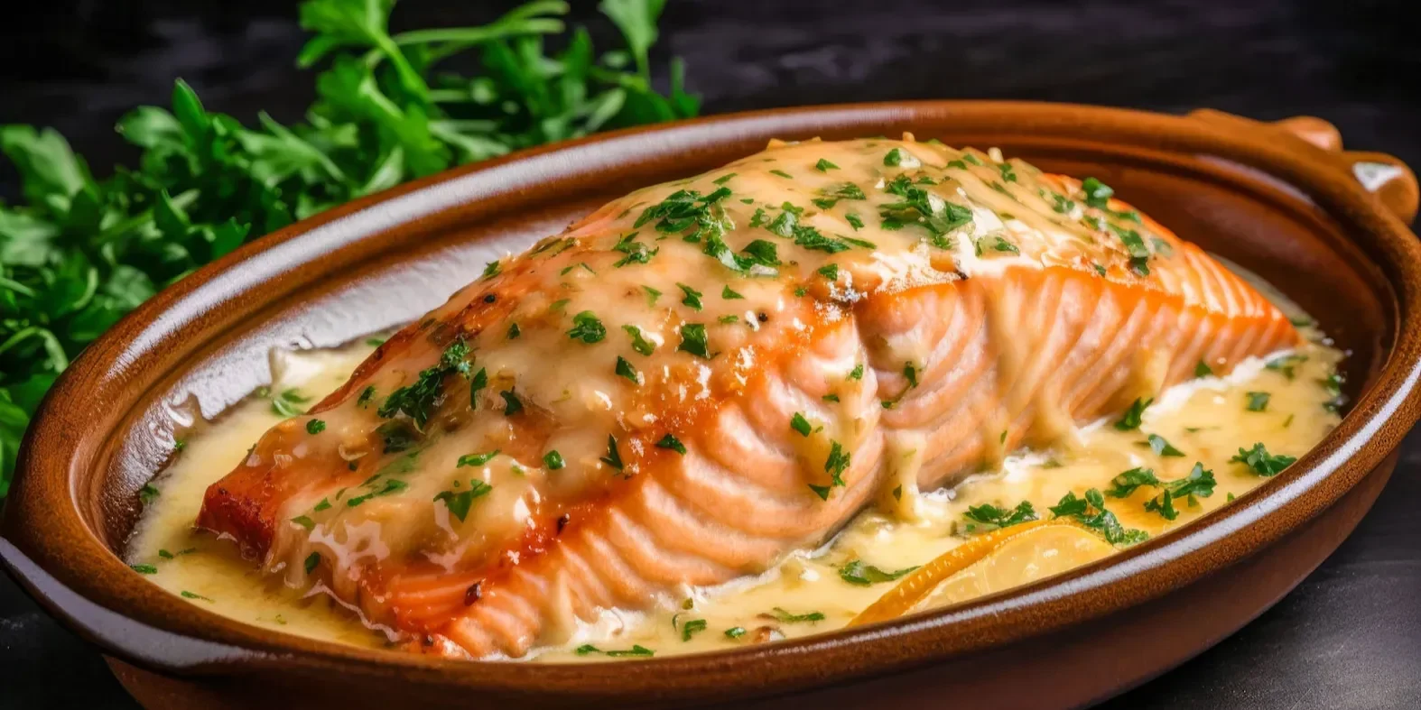 Baked salmon in a creamy herb sauce served in a brown dish with fresh herbs around it.