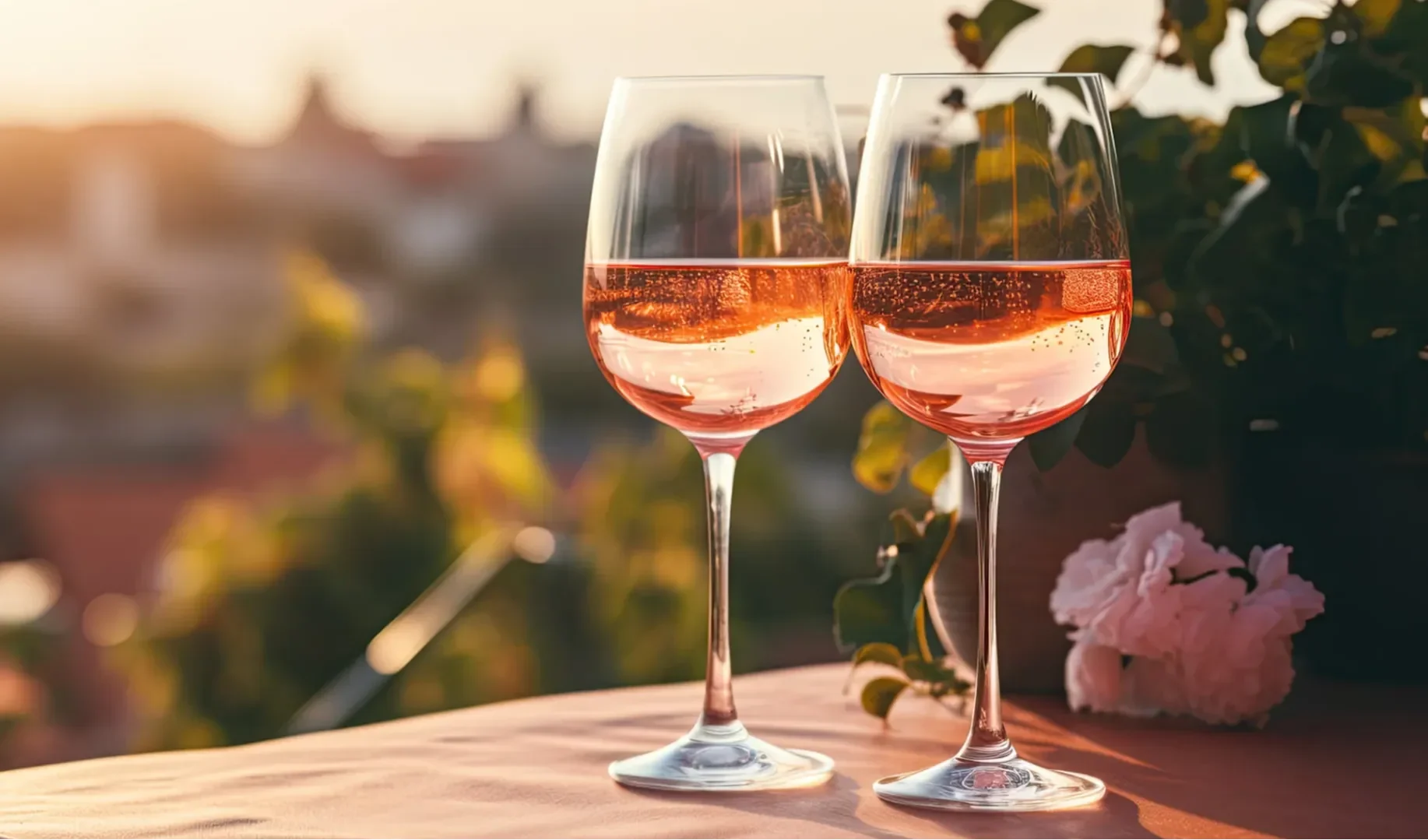 Two glasses of rosé wine on an outdoor table in warm sunset light with soft greenery in the background.
