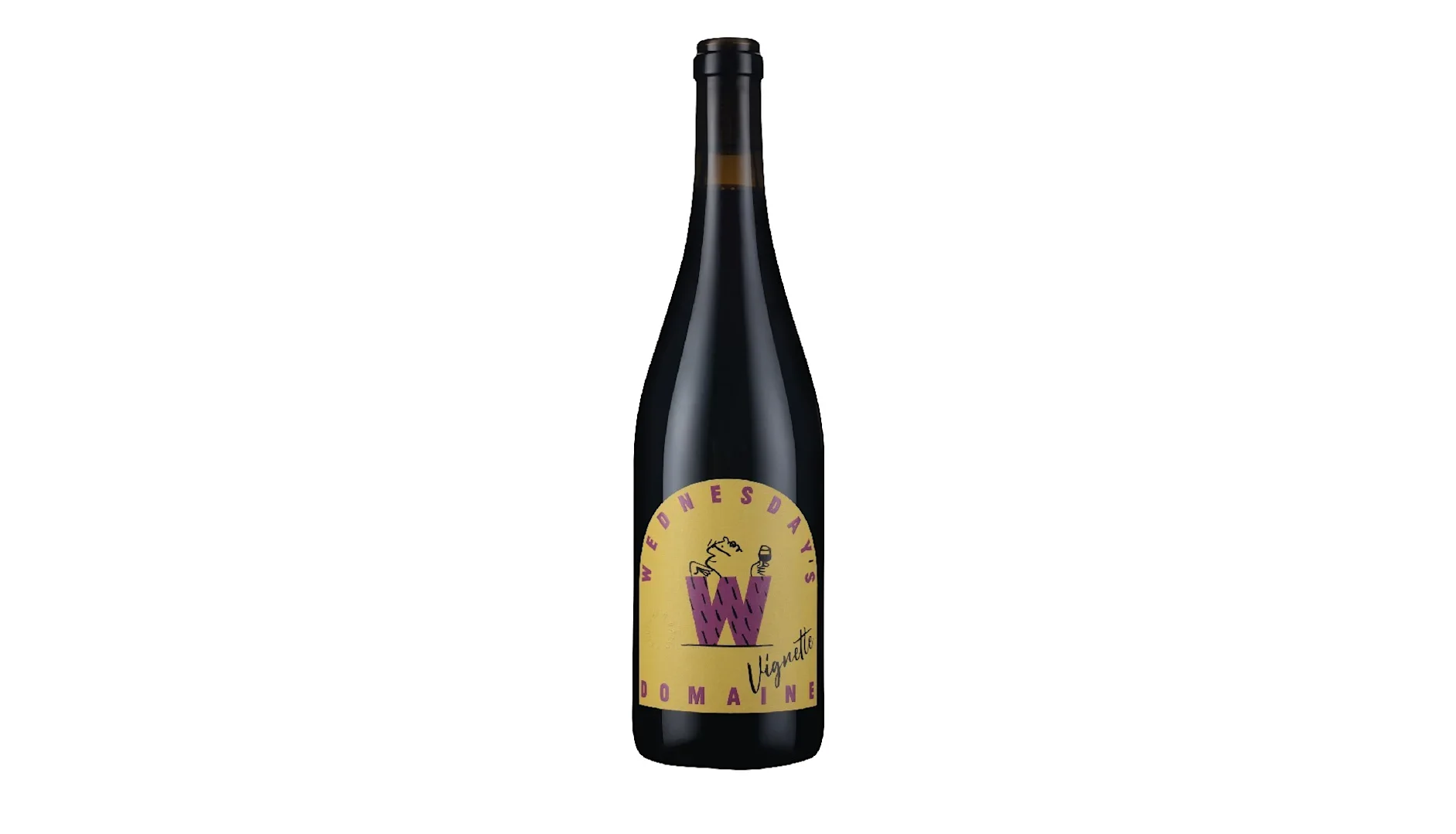 A bottle of Wednesday's Domaine Vignette Alcohol-Free Red Wine, a dark wine bottle with a yellow label on the front of the logo, a pink W in centre.