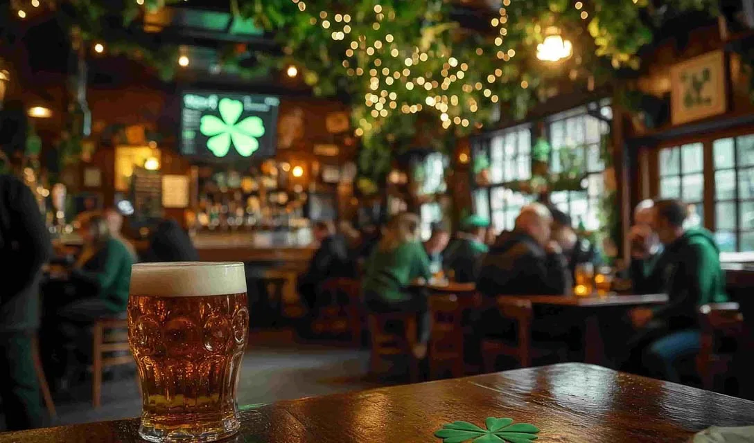 Pint of beer on a wooden table inside a pub decorated with greenery and string lights.