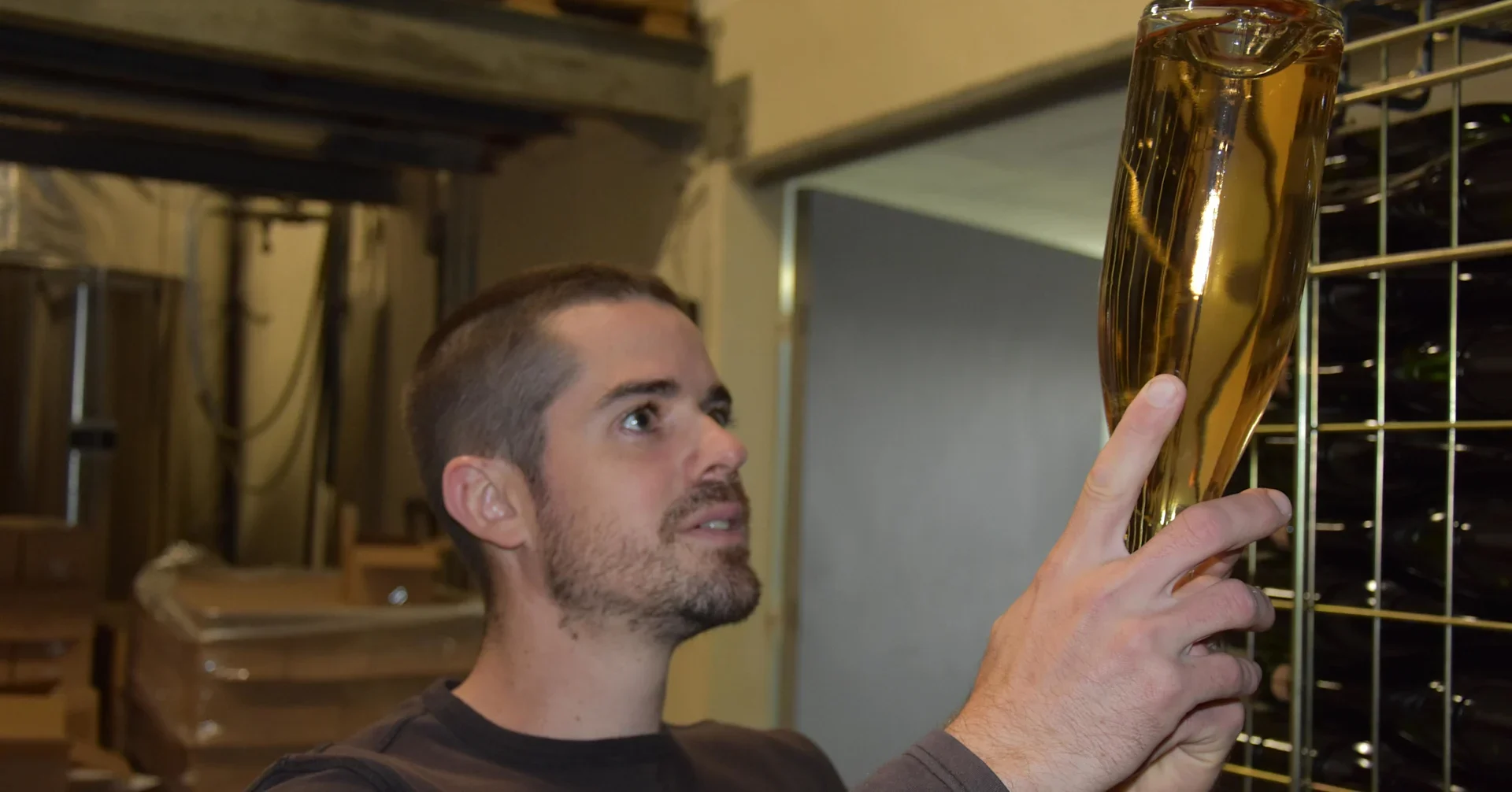 A man holding a Champagne bottle upside down looking at its colour.