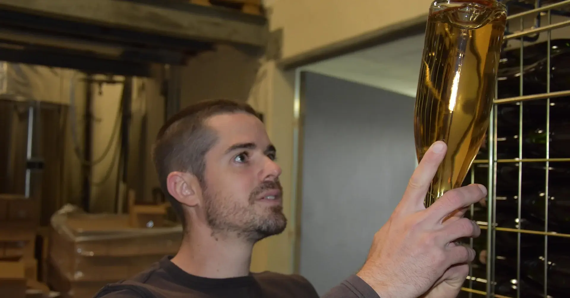 A man holding a Champagne bottle upside down looking at its colour.