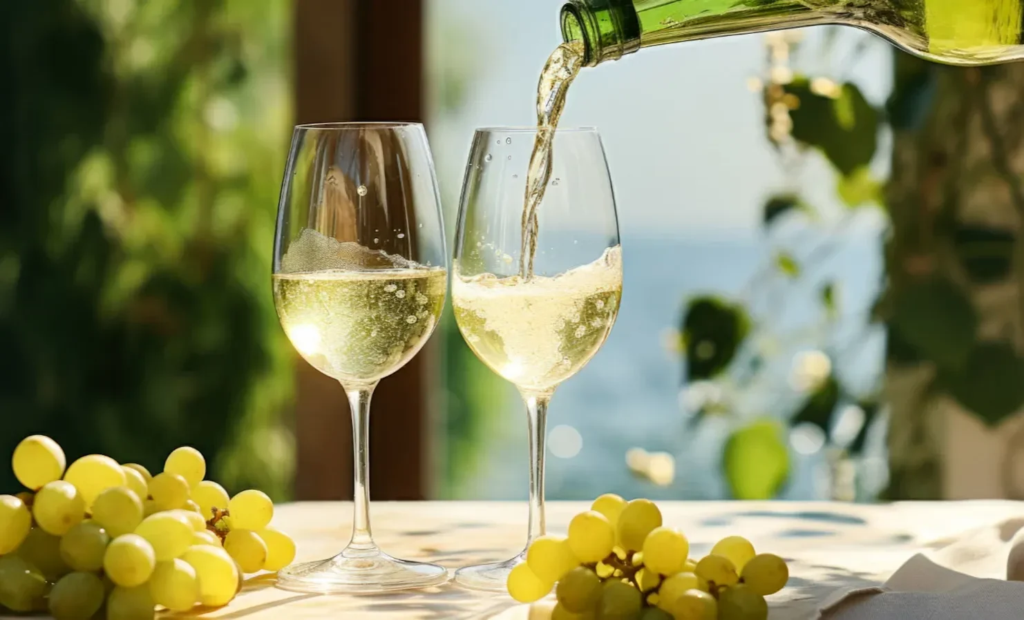 White wine being poured into a glass beside another filled glass, with green grapes on a sunlit table.