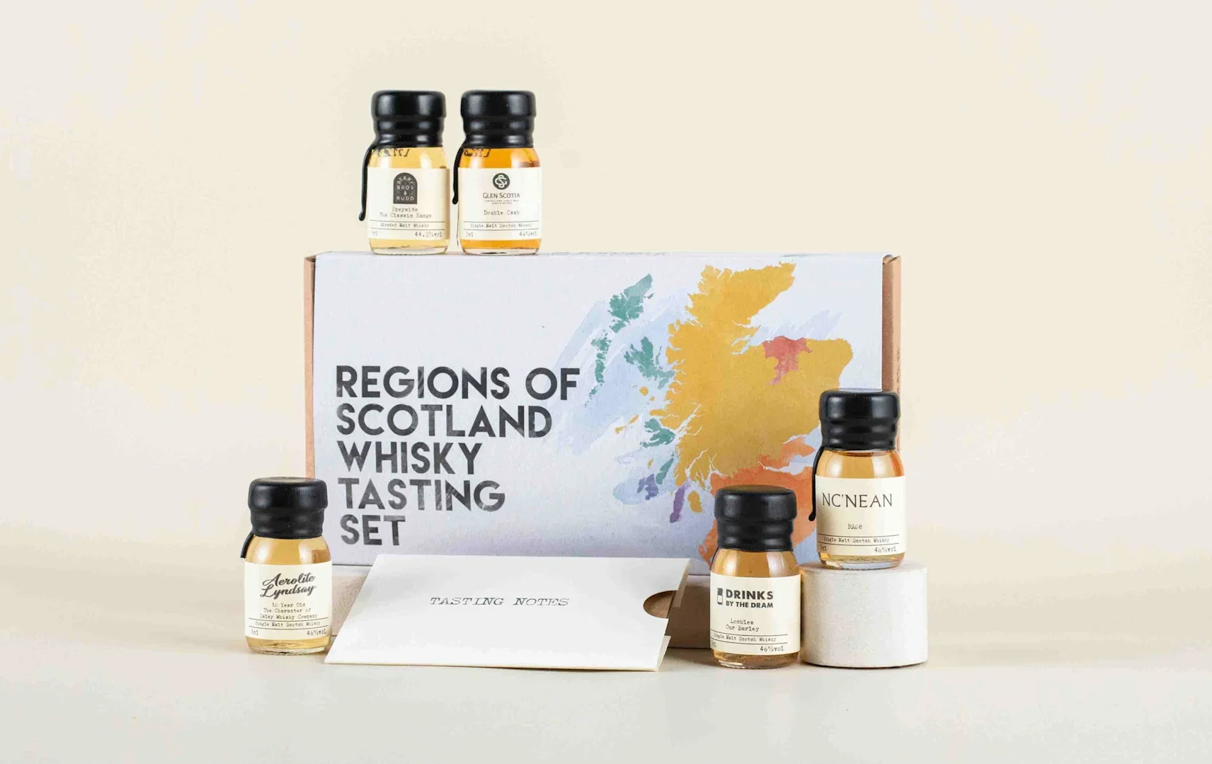 A whisky tasting set with five miniature bottles arranged around a box labeled “Regions of Scotland Whisky Tasting Set” and tasting notes.