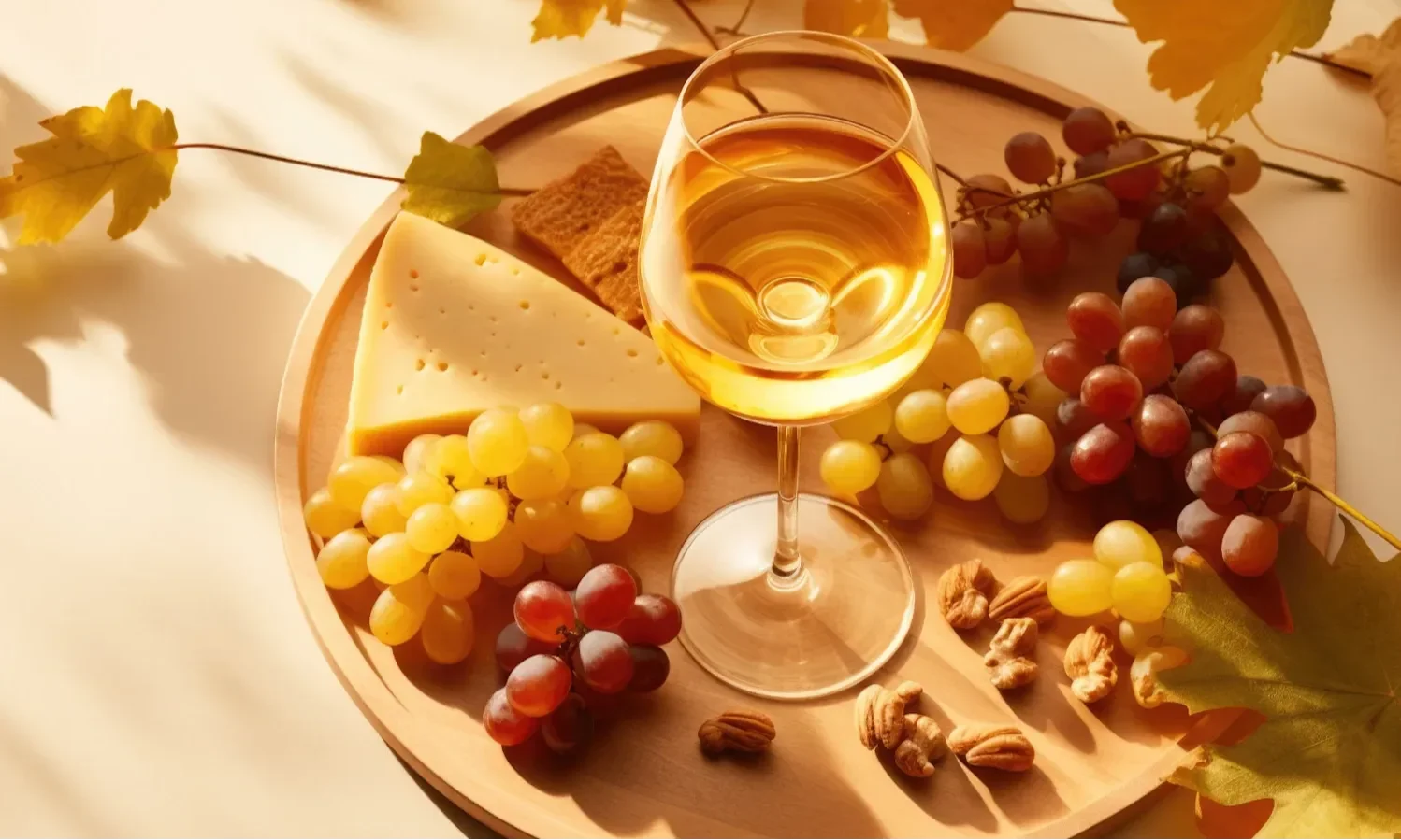 Glass of white wine on a serving board with cheese, red and green grapes, walnuts, and autumn leaves.