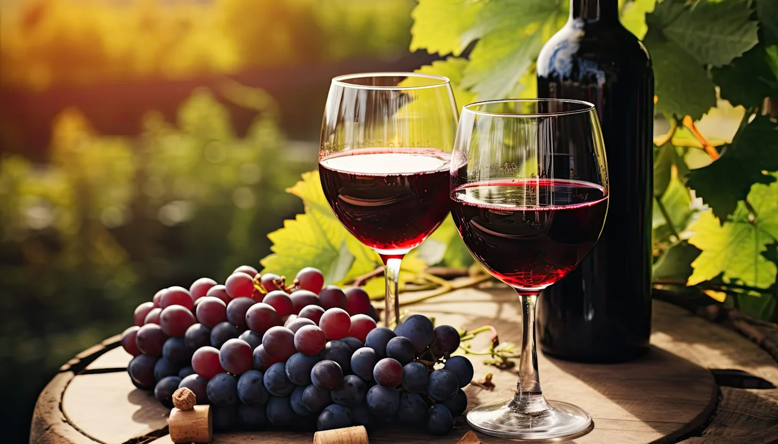 Two glasses of red wine with a bottle and bunches of grapes on a wooden barrel in a vineyard.