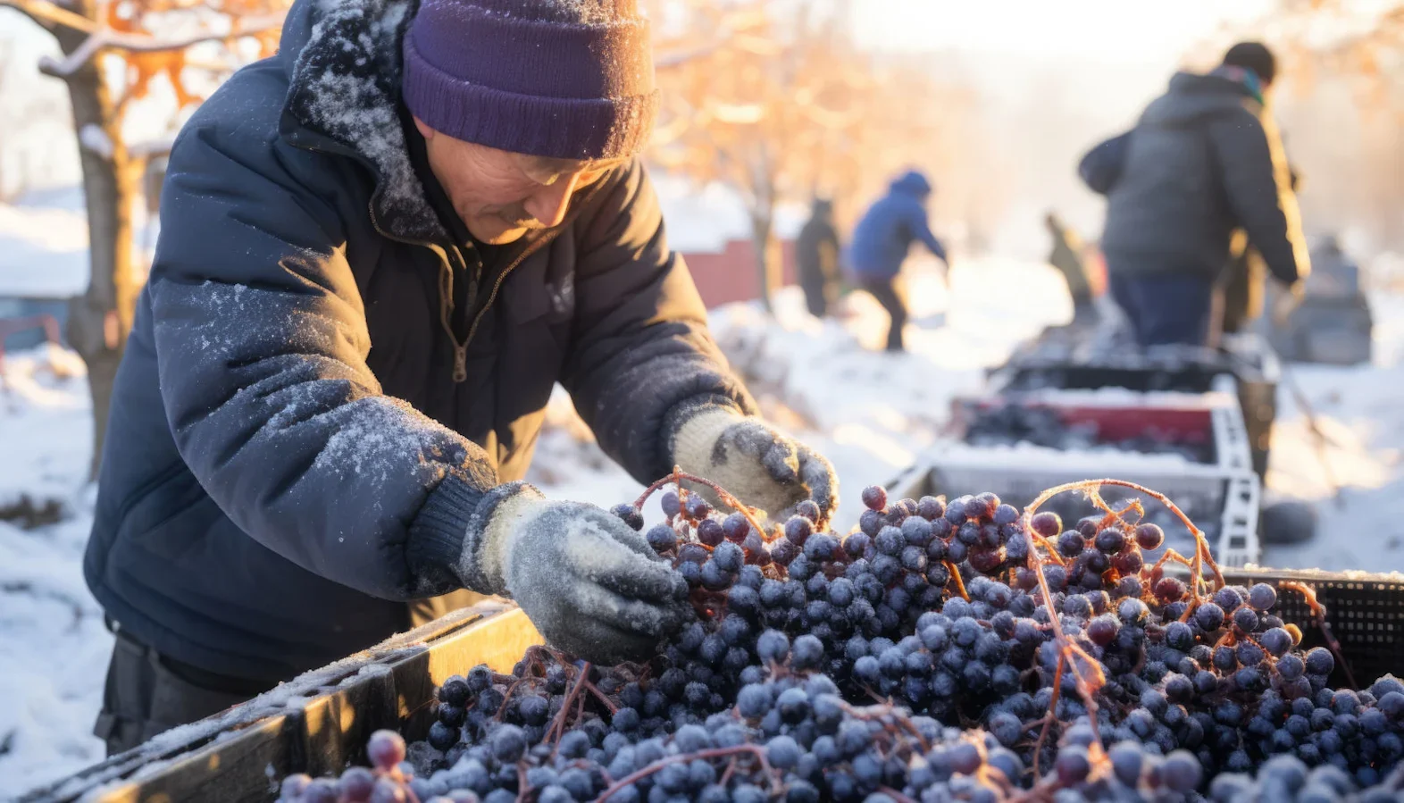 Person wearing winter clothing harvesting dark grapes into a crate in a snowy vineyard at sunrise.