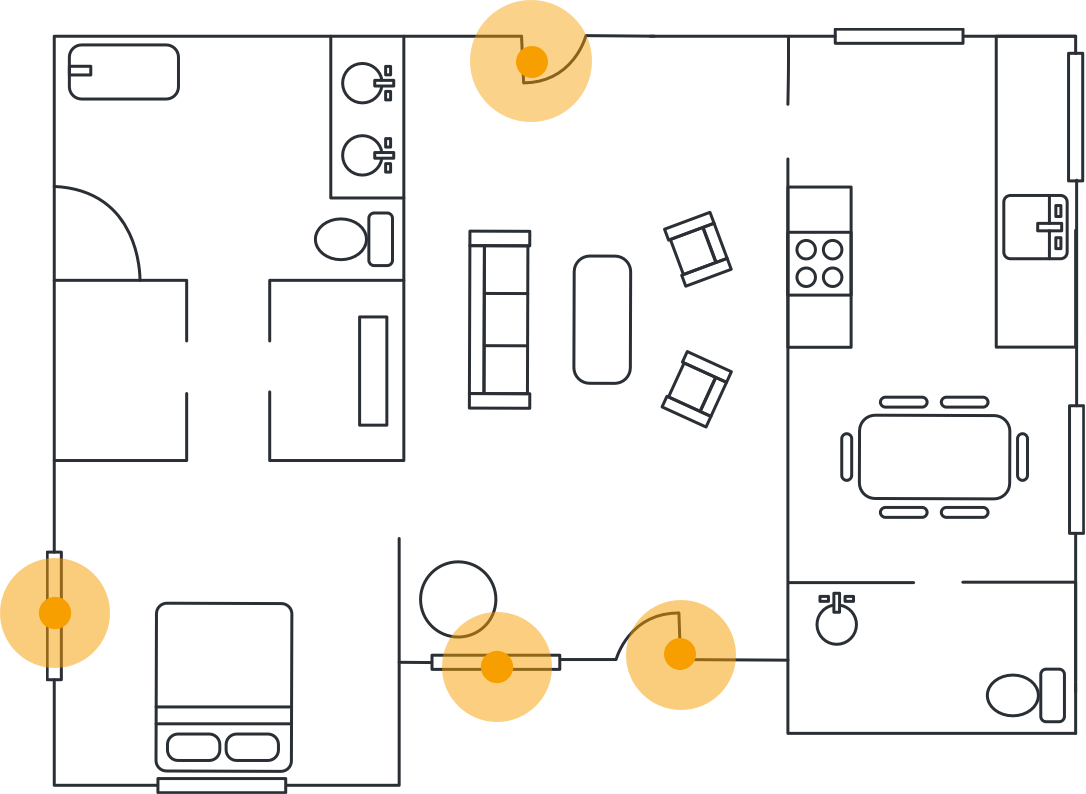 Floor plan with highlighted regions showing entry sensor usage