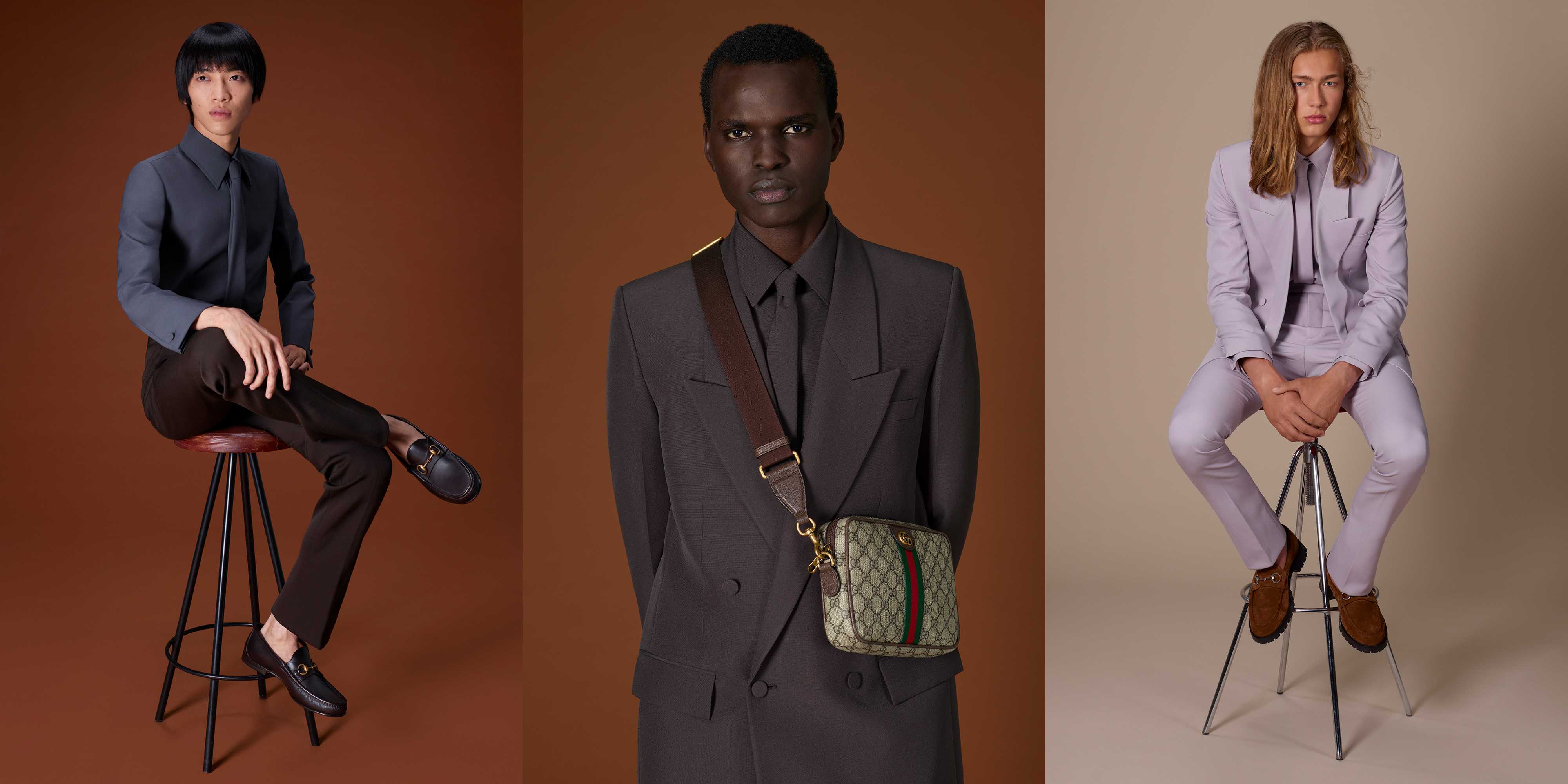 Grey suit with Gucci crossbody