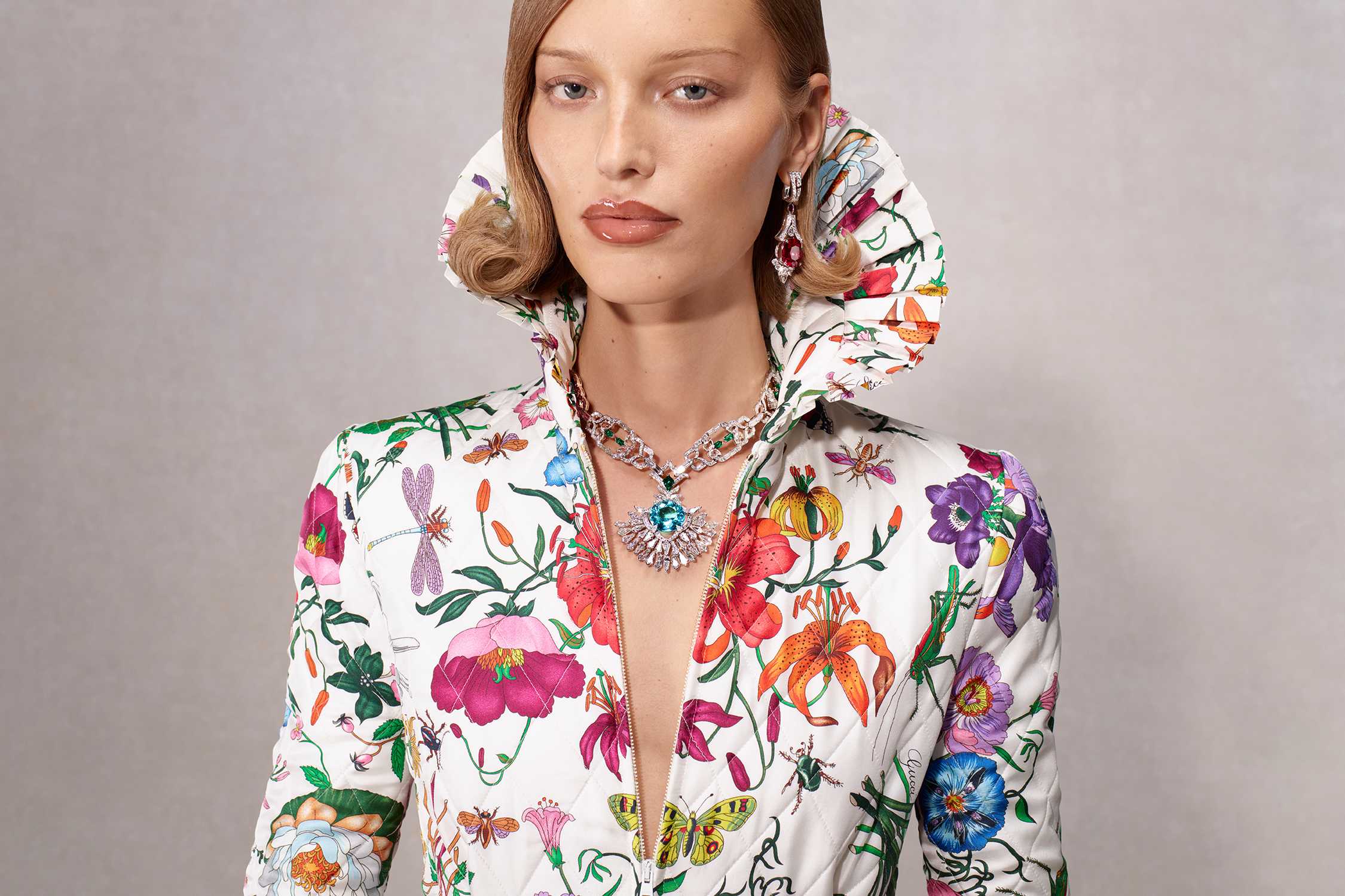 Gucci floral jacket with jewellery