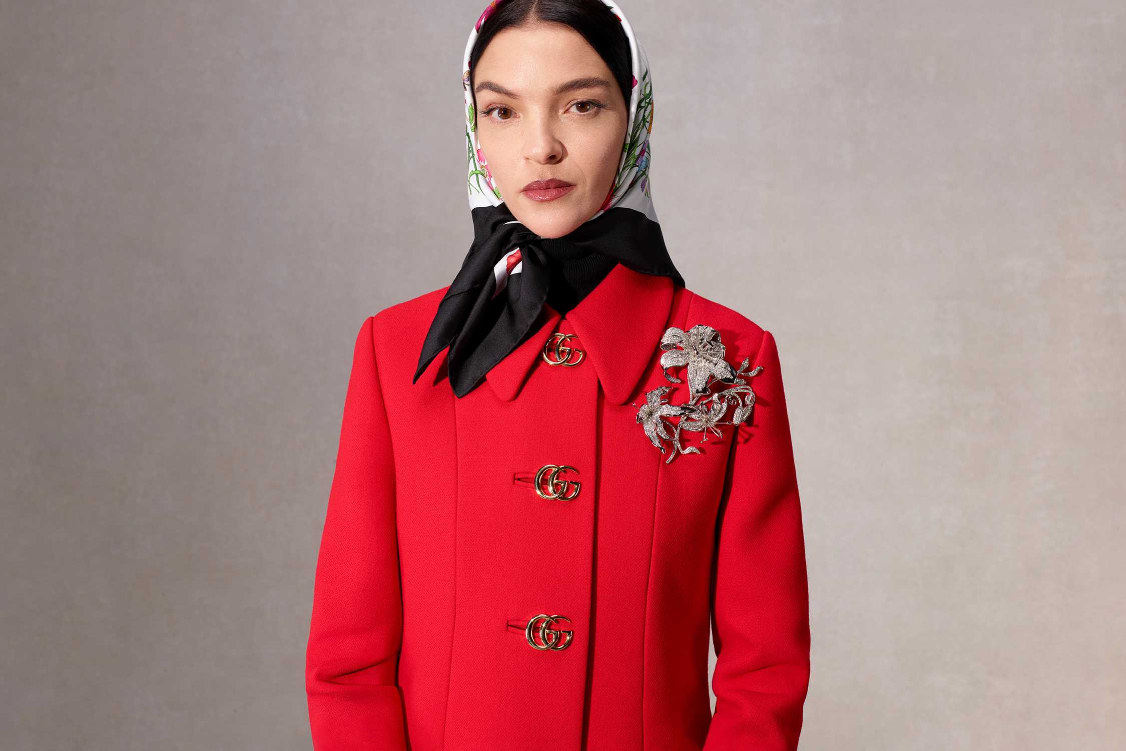 Red Gucci coat with embellishments