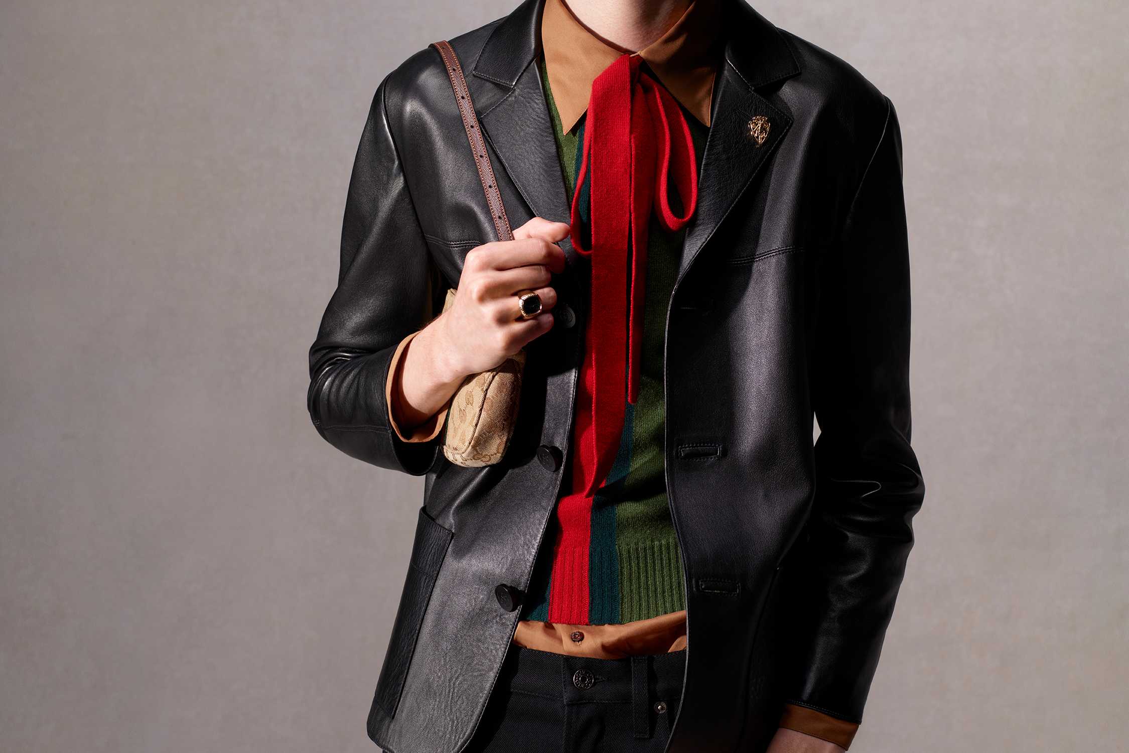 Black Gucci leather jacket outfit