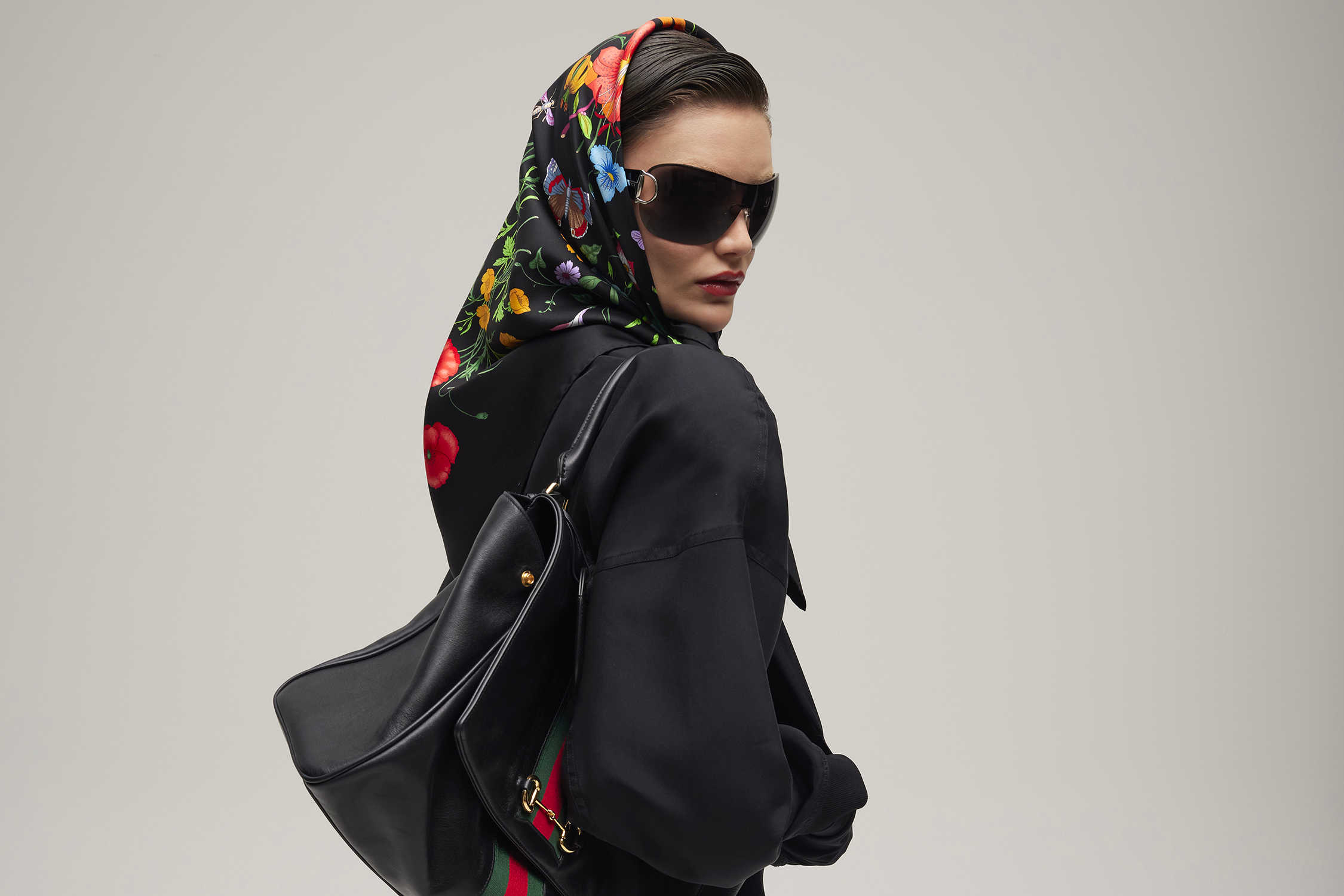 Black Gucci bag floral scarf