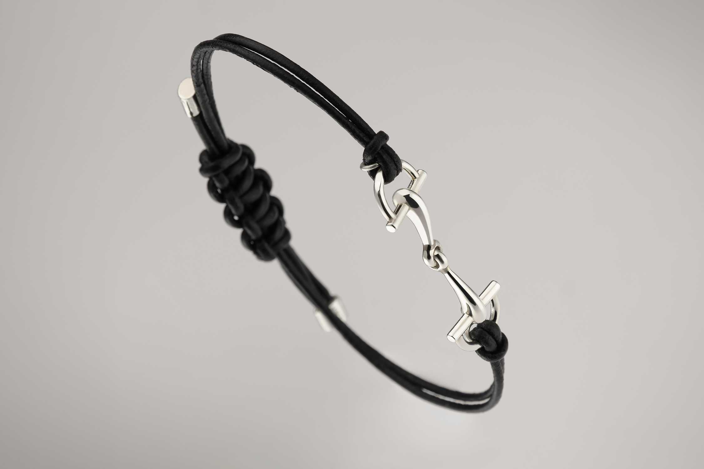 Black leather silver hardware bracelet
