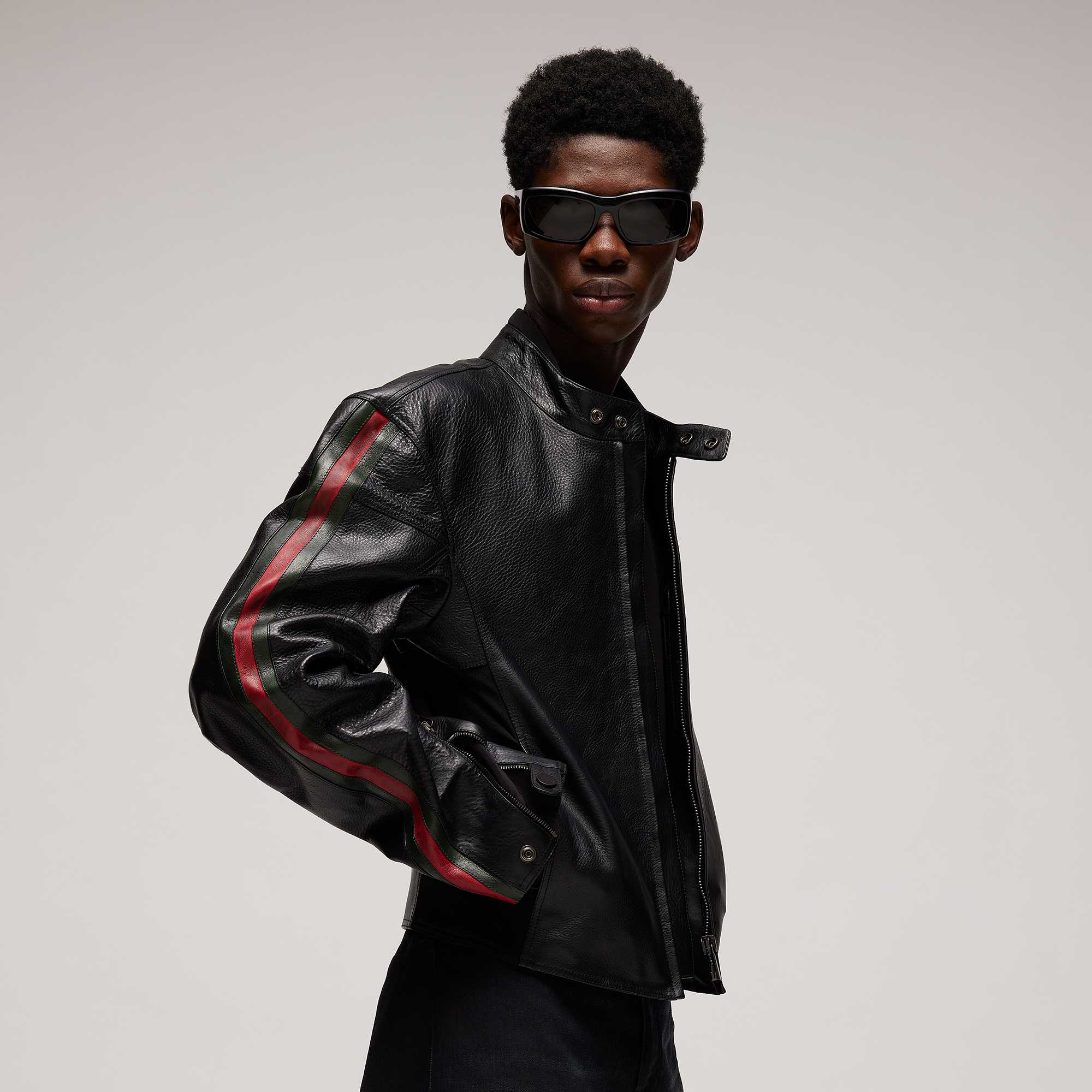 Gucci black leather jacket sunglasses