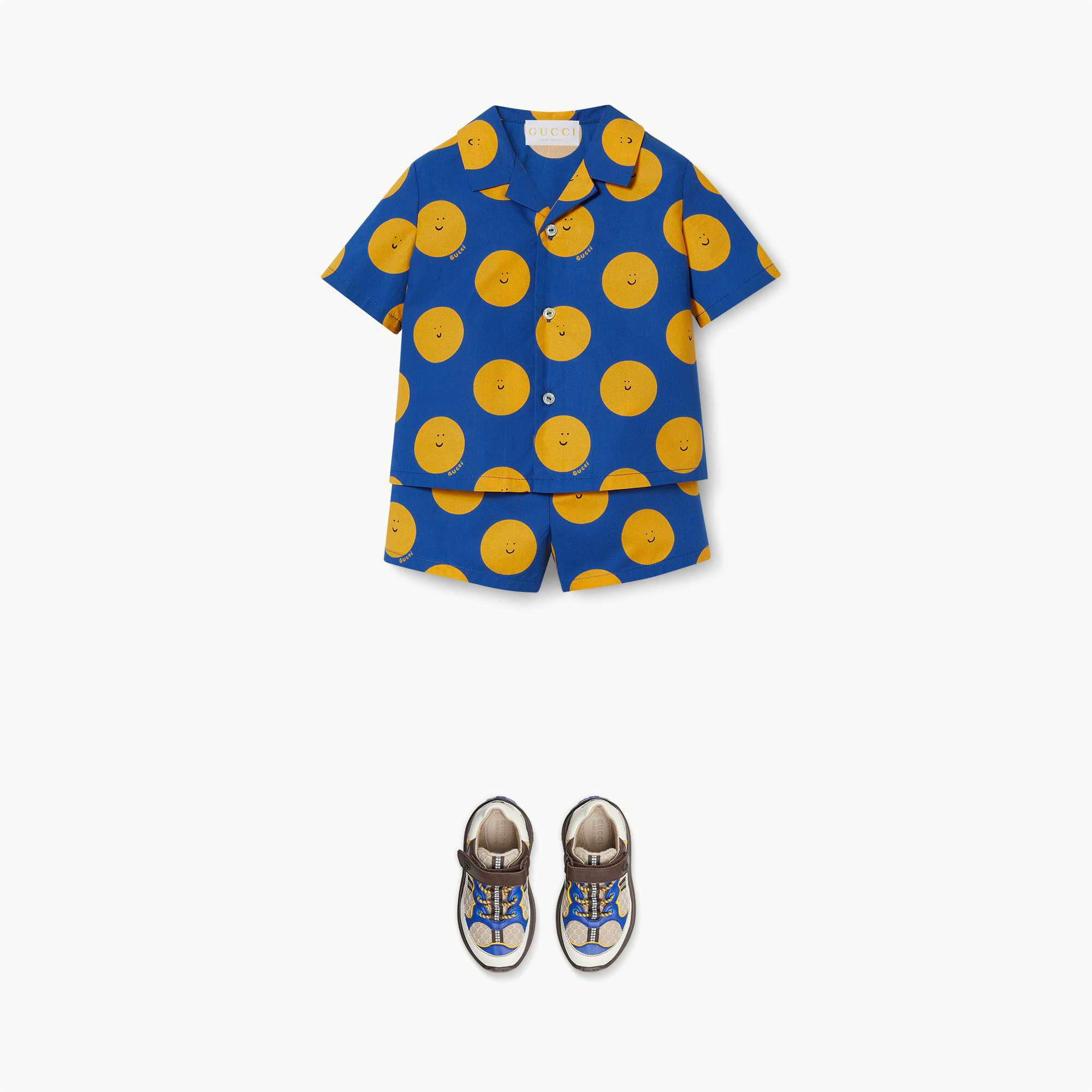 Gucci blue-yellow polka dot outfit
