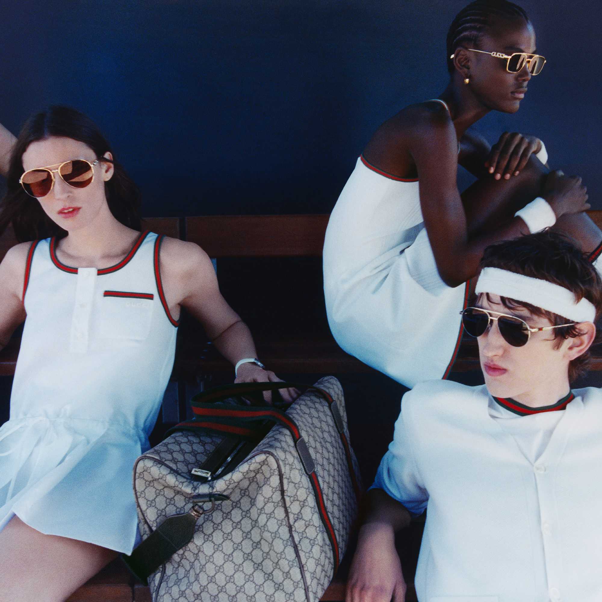 Gucci white tennis outfits and sunglasses