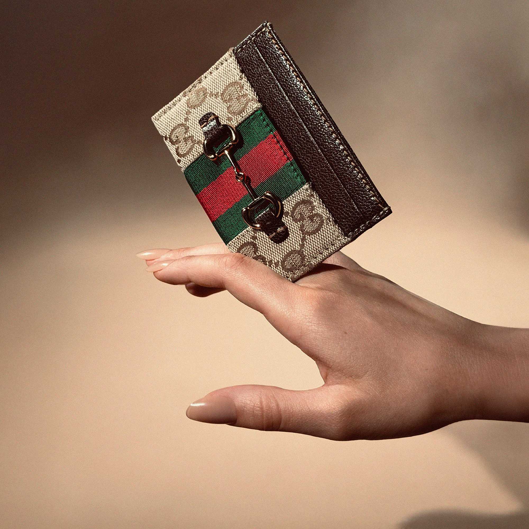 Gucci monogram bag with purple jacket.