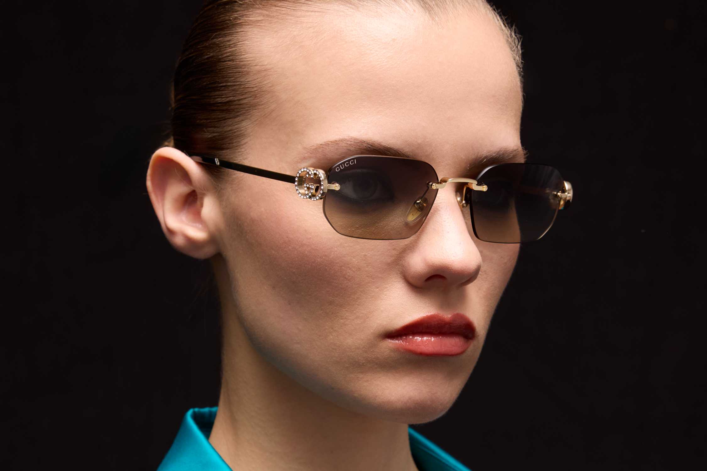 Gucci gold rimless brown sunglasses