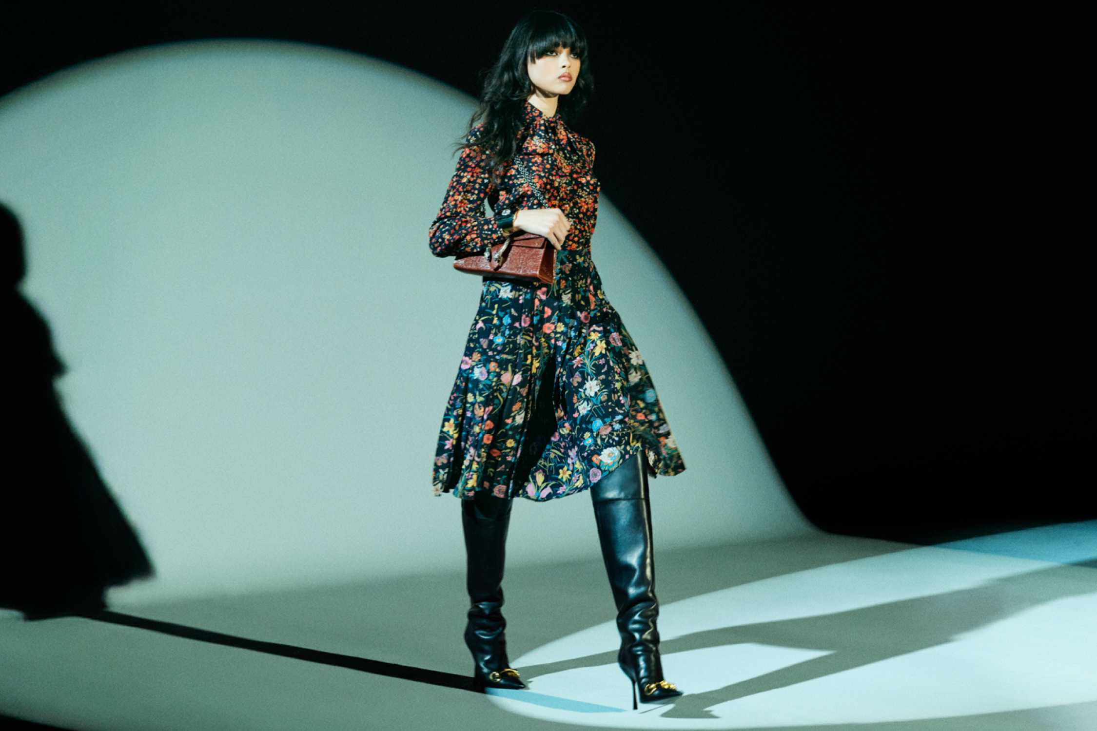 Colourful Gucci dress with handbag