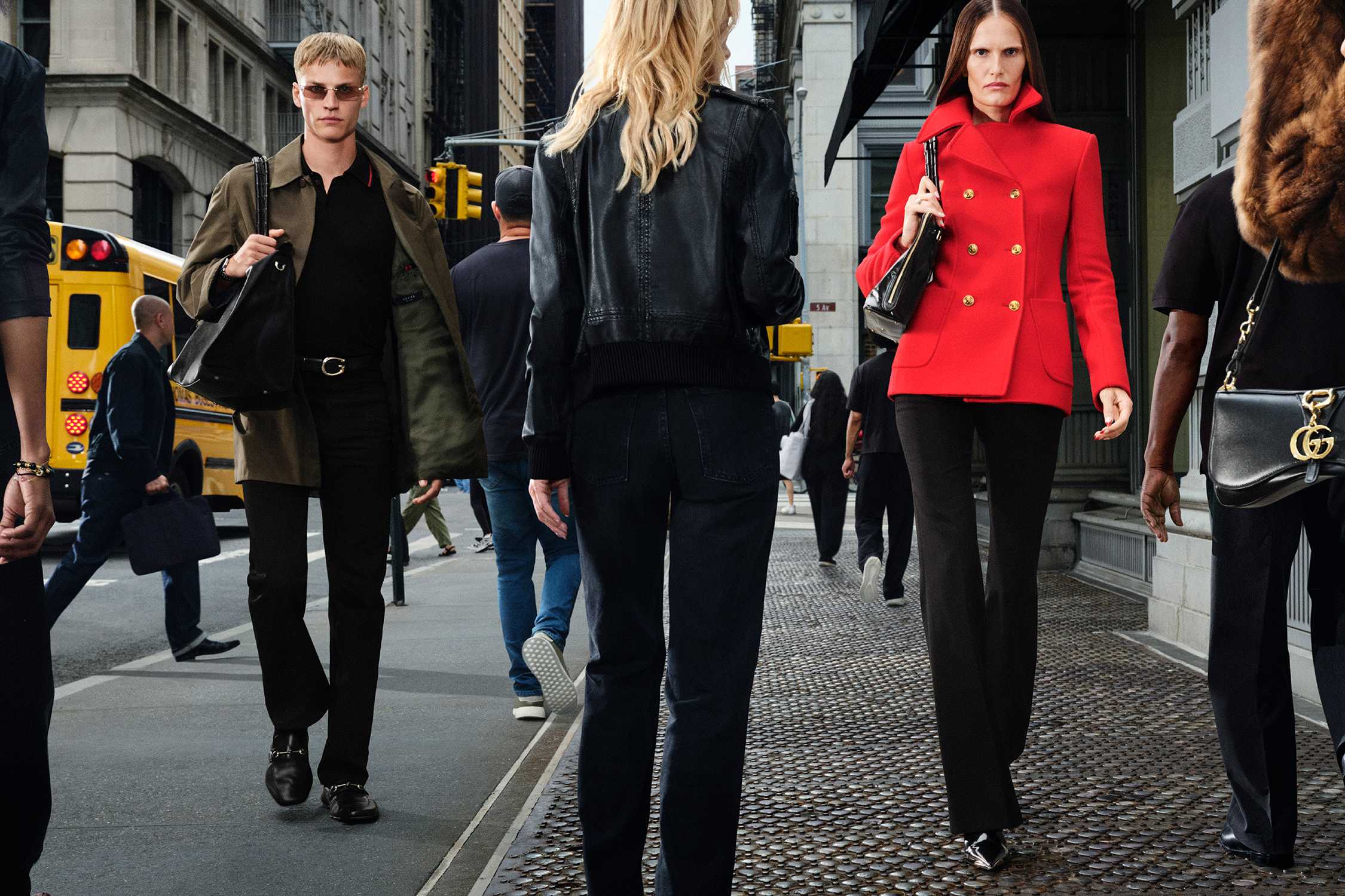 Red Gucci jacket, black bag
