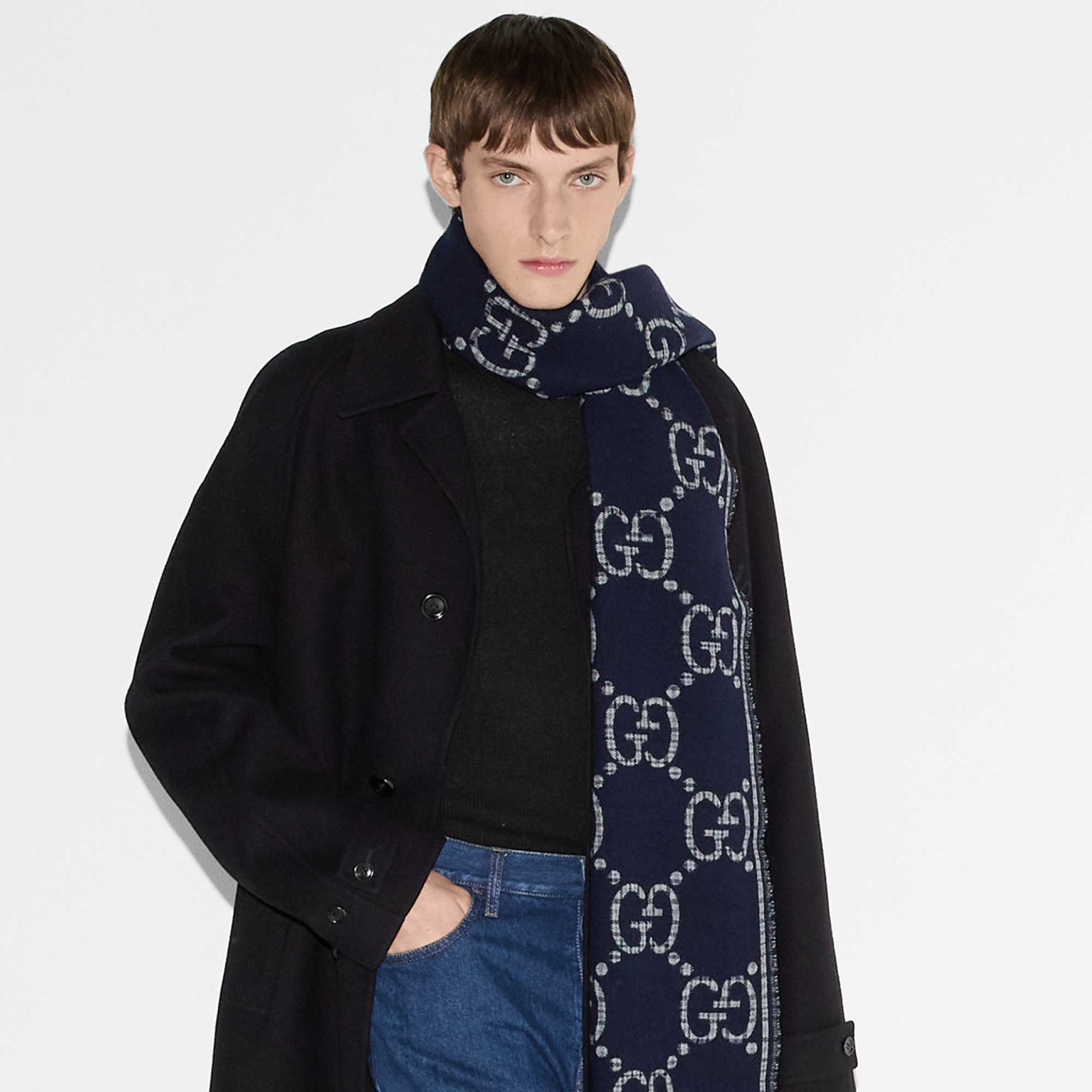 Navy Gucci monogram scarf outfit
