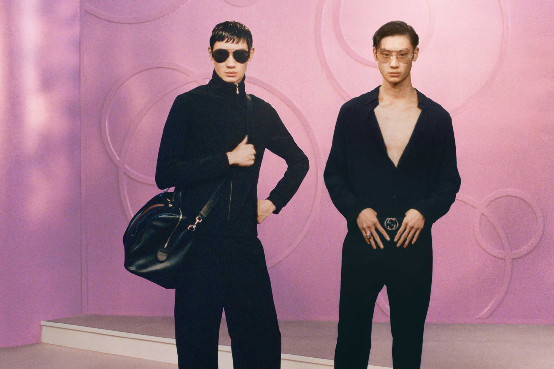 Black Gucci outfits pink background