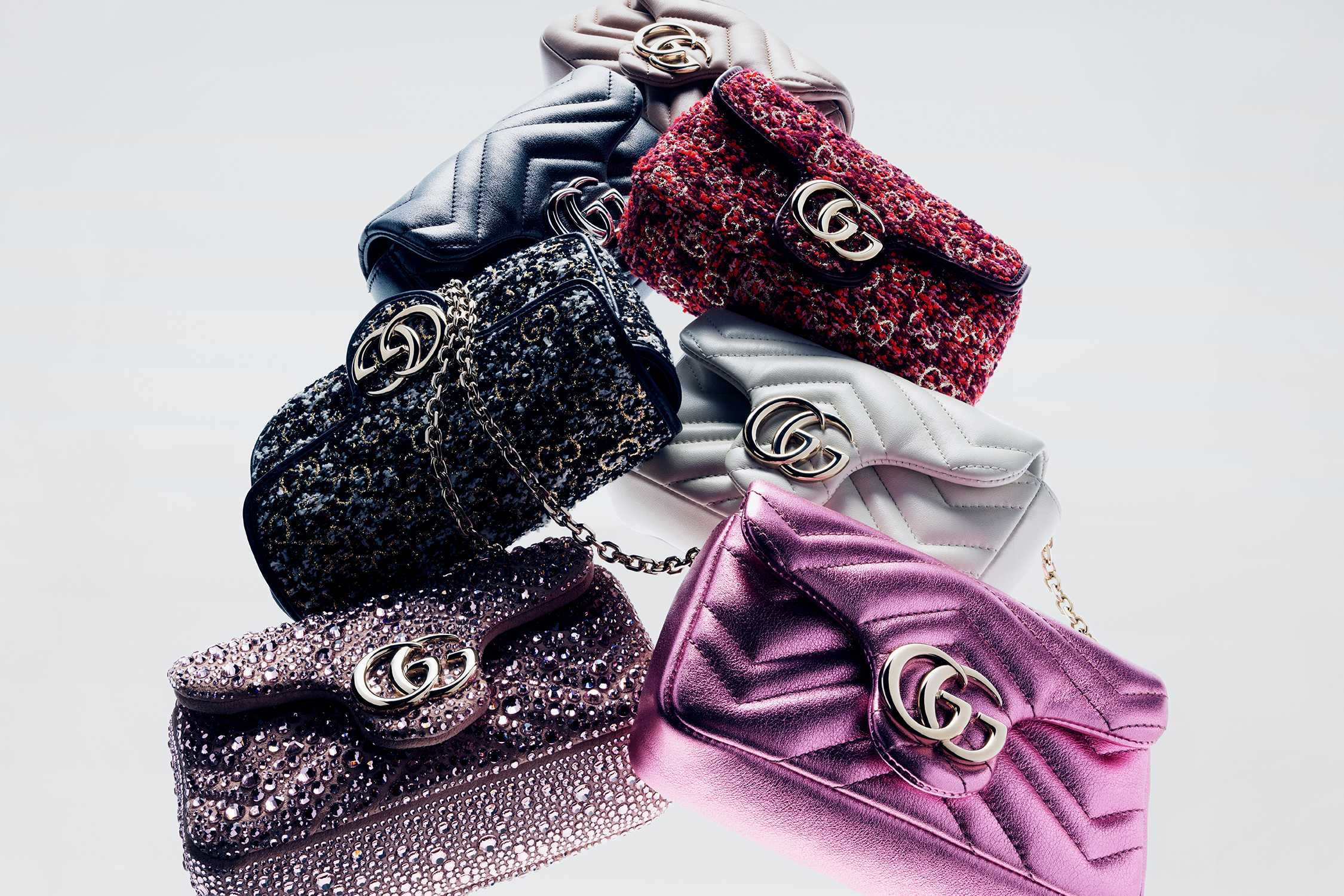 Colourful Gucci handbags with GG logo.