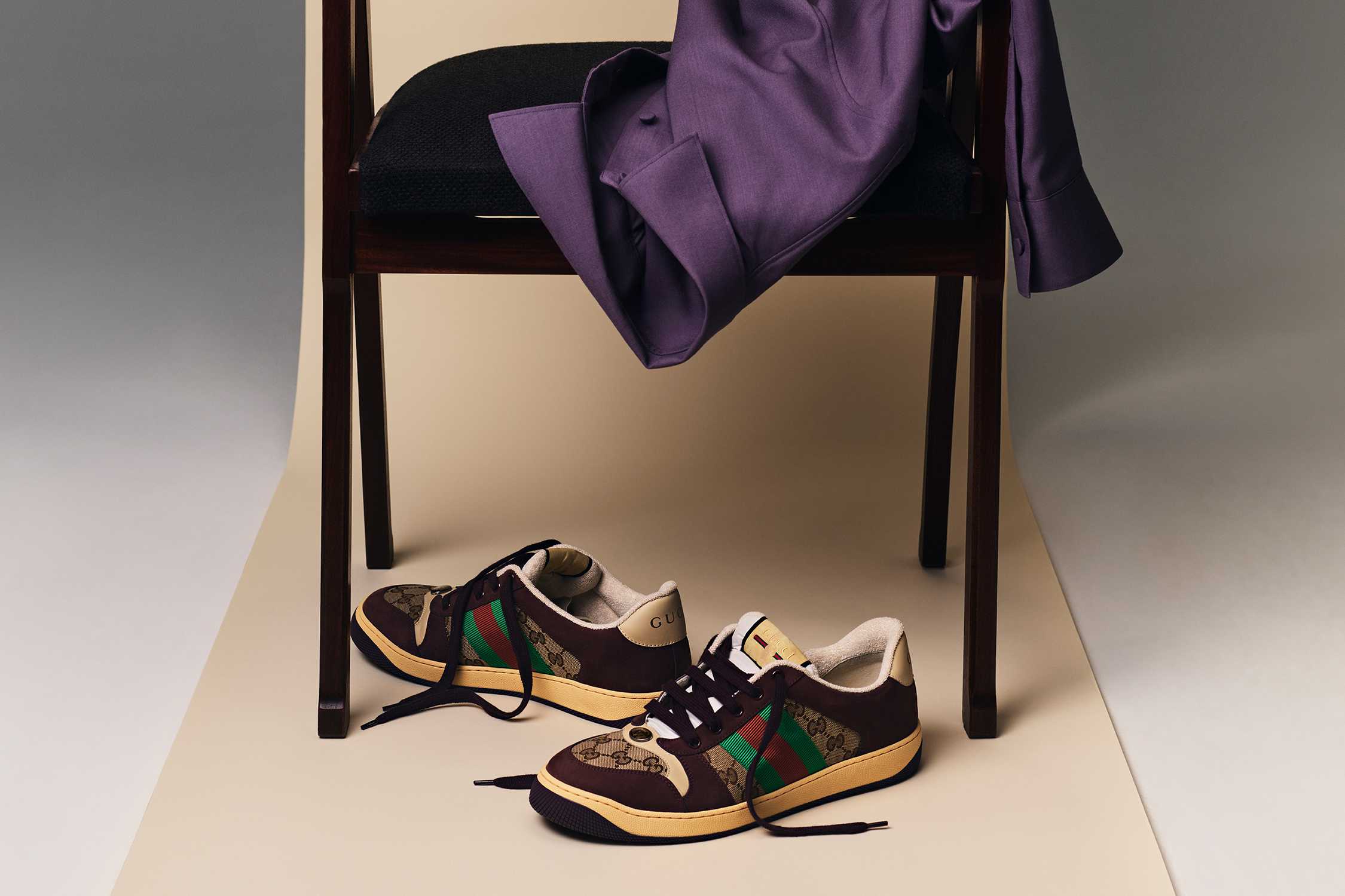 Gucci sneakers with purple jacket