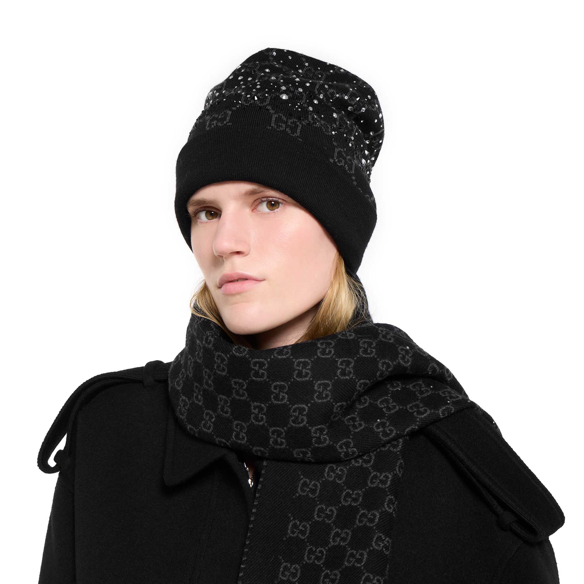 Black GG beanie and scarf with crystals